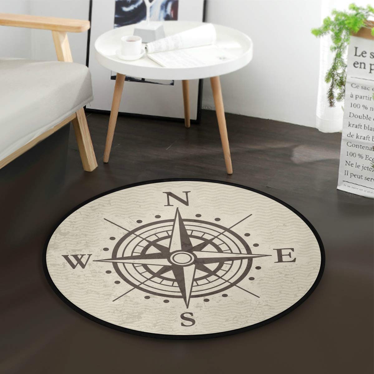 ALAZA Compass Wind Rose Artwork Round Area Rug - 3' Diameter (92 cm) Non-Slip Floor Mat for Living Room, Bedroom, Nursery & Office Decor | Vintage Nautical Theme Home Accent