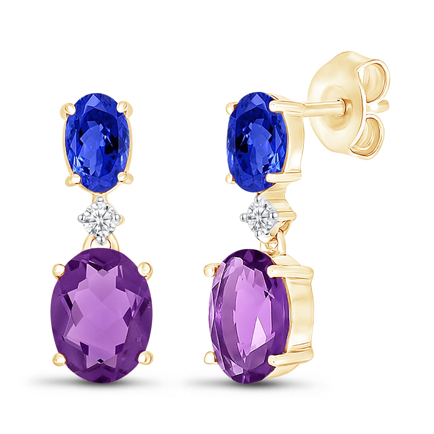 10K Yellow Gold Dangling Oval Sapphire & Amethyst Earrings for Women - Elegant Birthstone Jewelry Gift for Anniversary, Wedding & Special Occasions