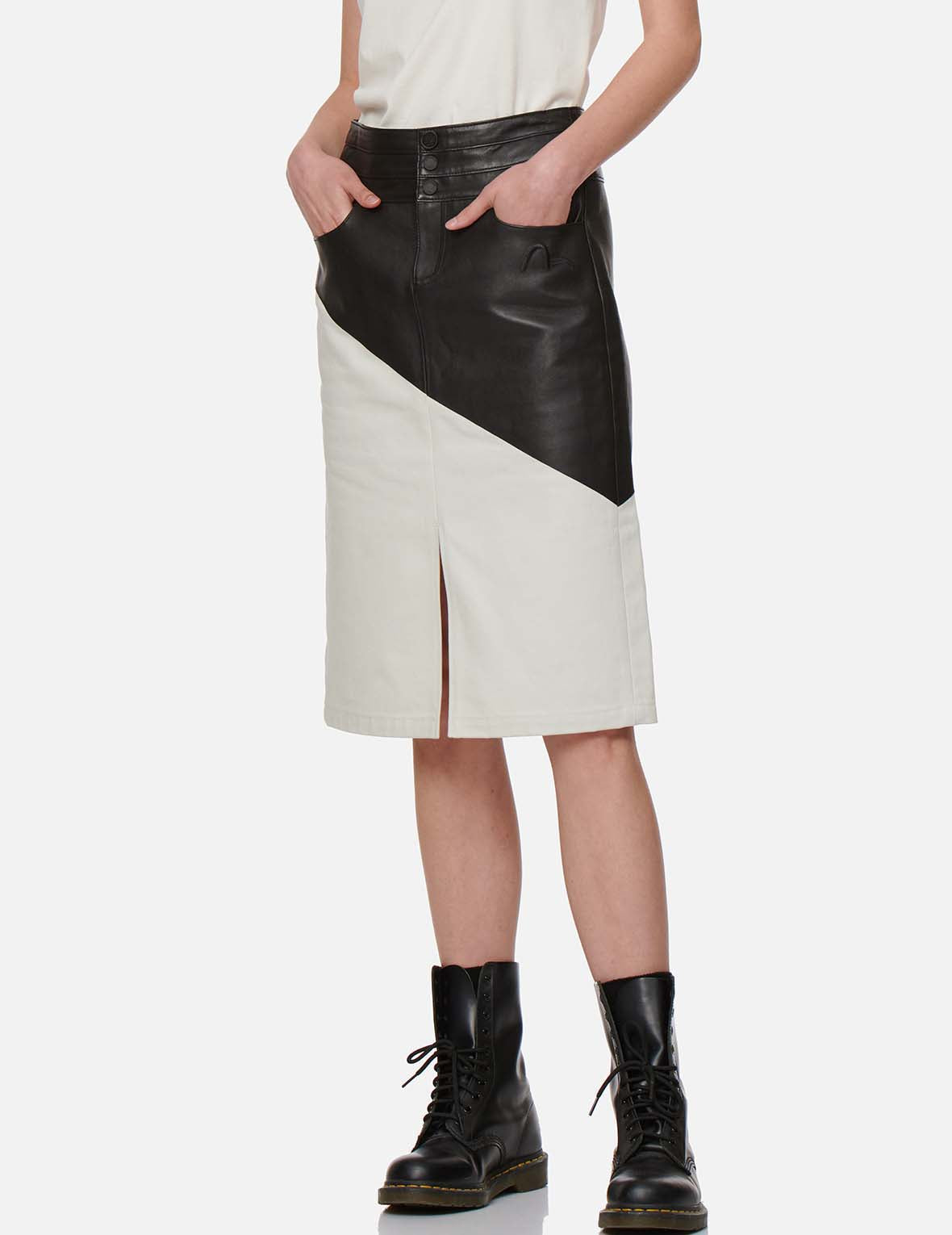 Stylish Contrast Leather & Denim Skirt for Women - High Waist A-Line Mini Skirt - Fashionable Outfit for Casual Wear, Night Out & Street Style