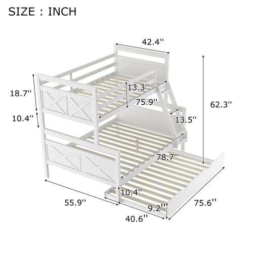 Twin Over Full Bunk Bed with Twin Trundle - Solid Wood Loft Bed Frame with Slanted Ladder & Full-Length Guardrail - Converts to 2 Separate Beds - Ideal for Kids, Teens & Small Bedrooms - Perfect for Shared Rooms, Sleepovers & Space-Saving Solutions - White