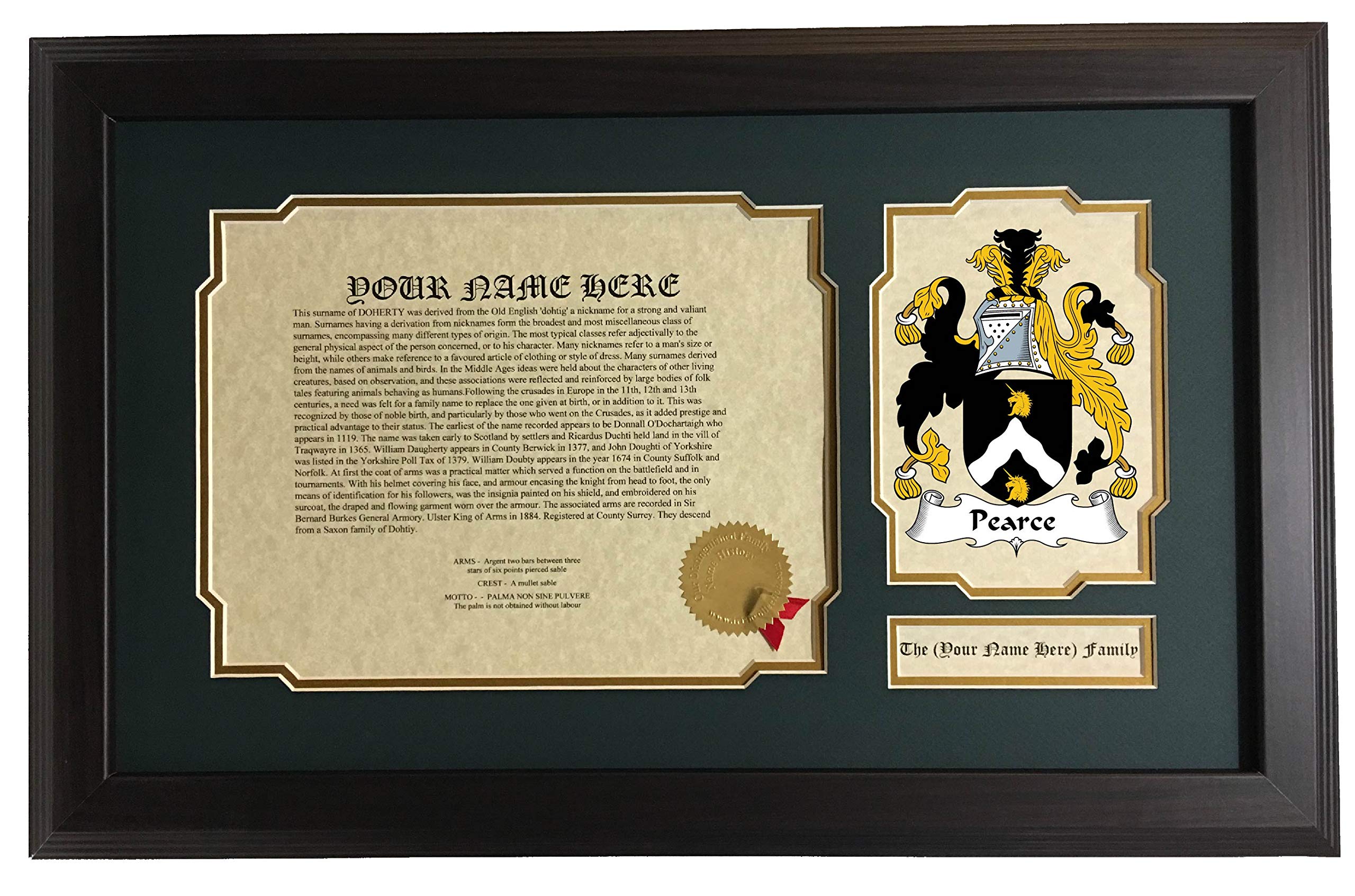 Pearce Family Crest Coat of Arms - 14x22 Inches Matted & Framed Wall Art - Genealogy Gift for Home Office Decor & Ancestry Display