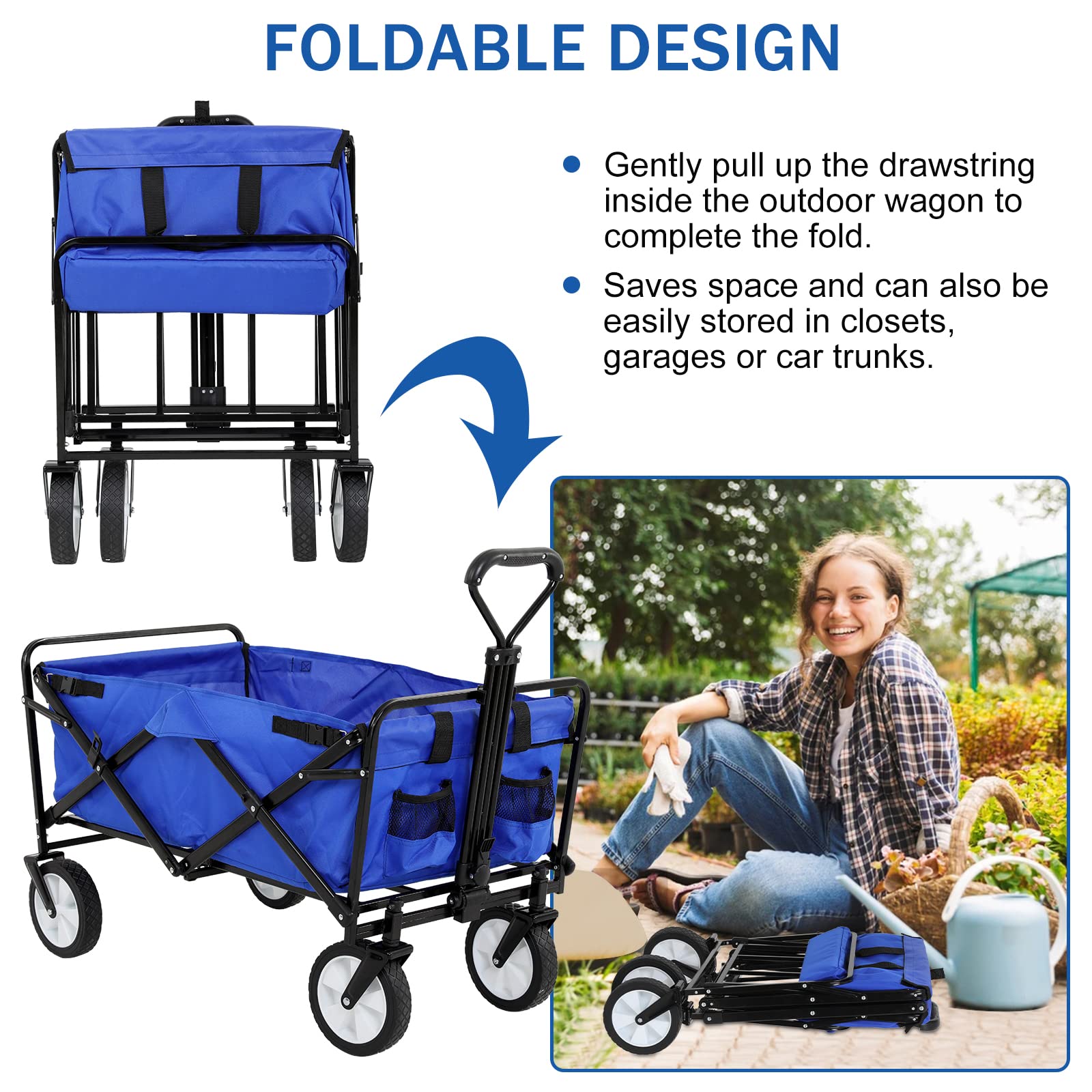 Heavy Duty Folding Garden Wagon Cart with 2 Cup Holders & 6.5 Inch Wheels | Durable Collapsible Utility Cart for Outdoor, Camping, Picnic, Beach, Park | Portable Multipurpose Wagon for Gardening, Yard Work, Groceries, and More (Blue)
