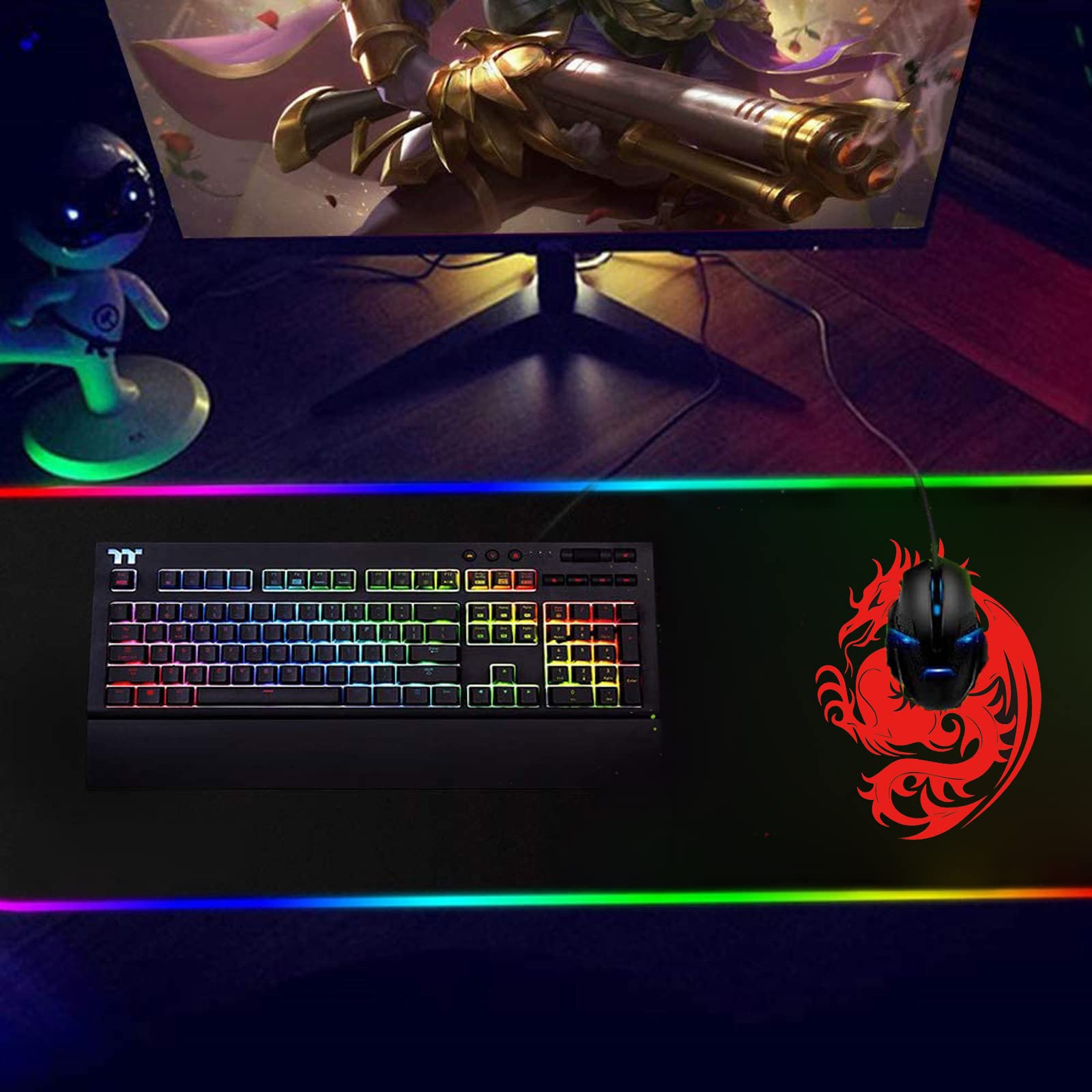 RGB Gaming Mouse Pad with 15 LED Light Modes - Large Extended Keyboard Mouse Mat (31.5x12in) for PC Gamers - Dragon Design Non-Slip Surface - Perfect for Gaming Setups, Office Work & Streaming (Red)
