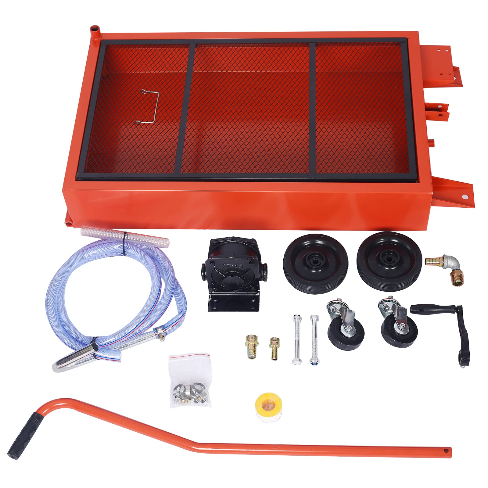 17 Gallon Oil Drain Pan with Hand Pump - Portable Low Profile Oil Change Tank for Cars, SUVs & Trucks - Large Capacity Oil Drain Pan with Hose & Swivel Caster Wheels - Perfect for DIY Auto Maintenance & Garage Oil Changes (Red)