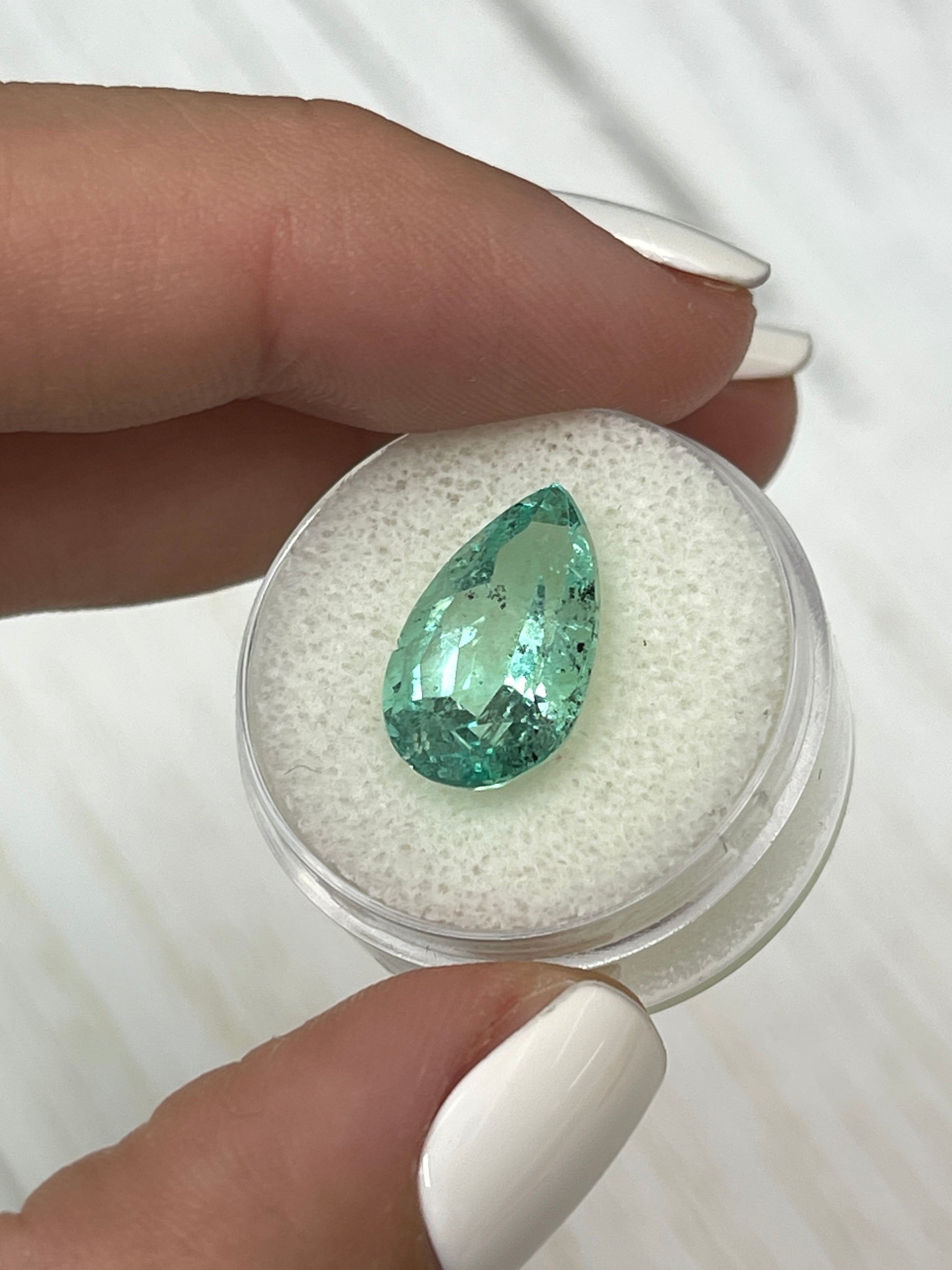 6.41 Carat 16x10mm Light Green Freckled Natural Loose Colombian Emerald Pear Cut Gemstone for Jewelry Making & Engagement Rings