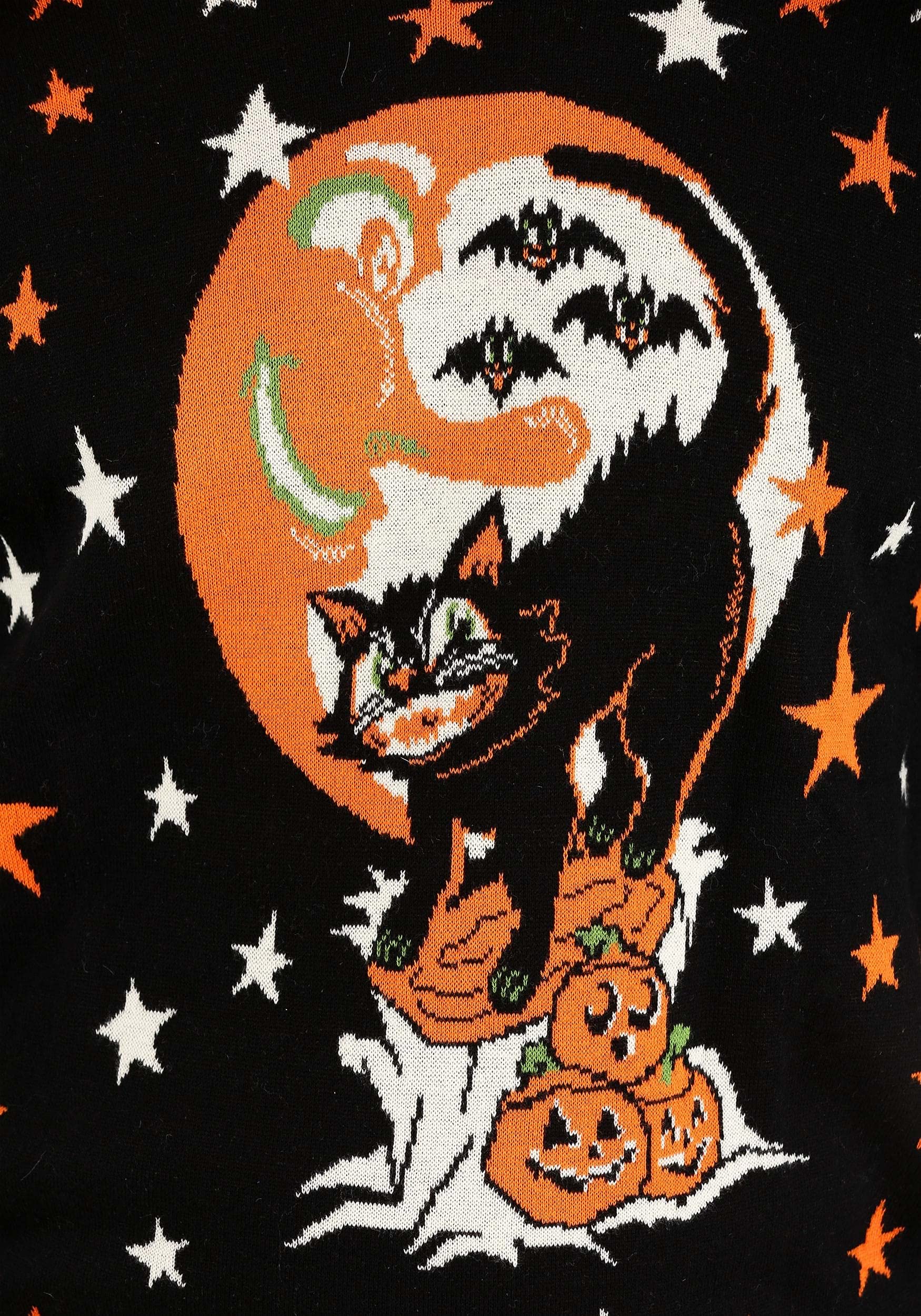Vintage Halloween Cat Sweater for Adults - Soft Acrylic & Cotton Blend Knit Pullover with Graphic Design - Perfect for Halloween Parties, Costume Contests & Cozy Fall Outfits