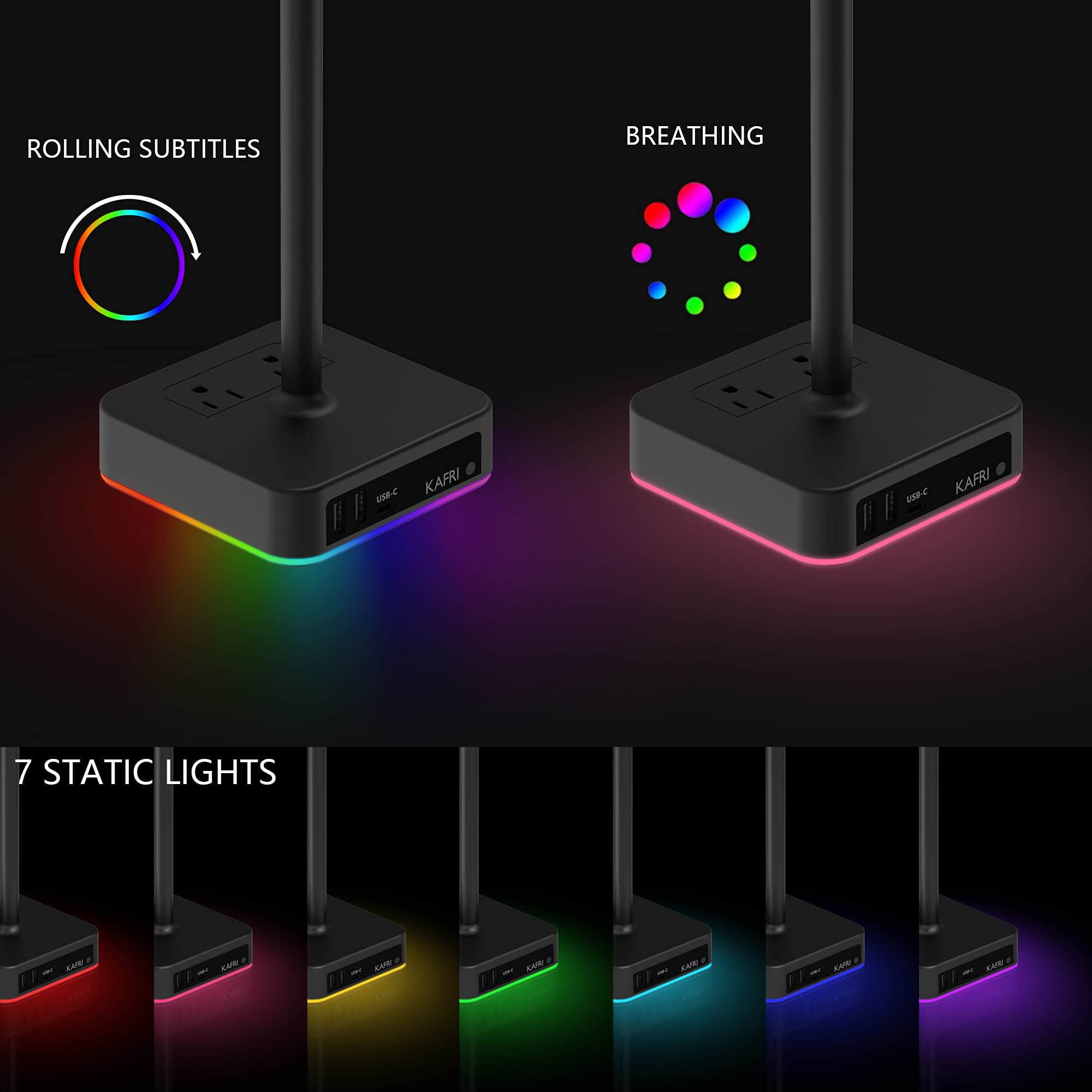 KAFRI RGB Dual Headphone Stand with USB C Charger - Gaming Headset Holder with 3 USB Ports & 2 Outlets - Desk Organizer for Gamers | Perfect for PC Setup, Streaming Station & Office Workspace