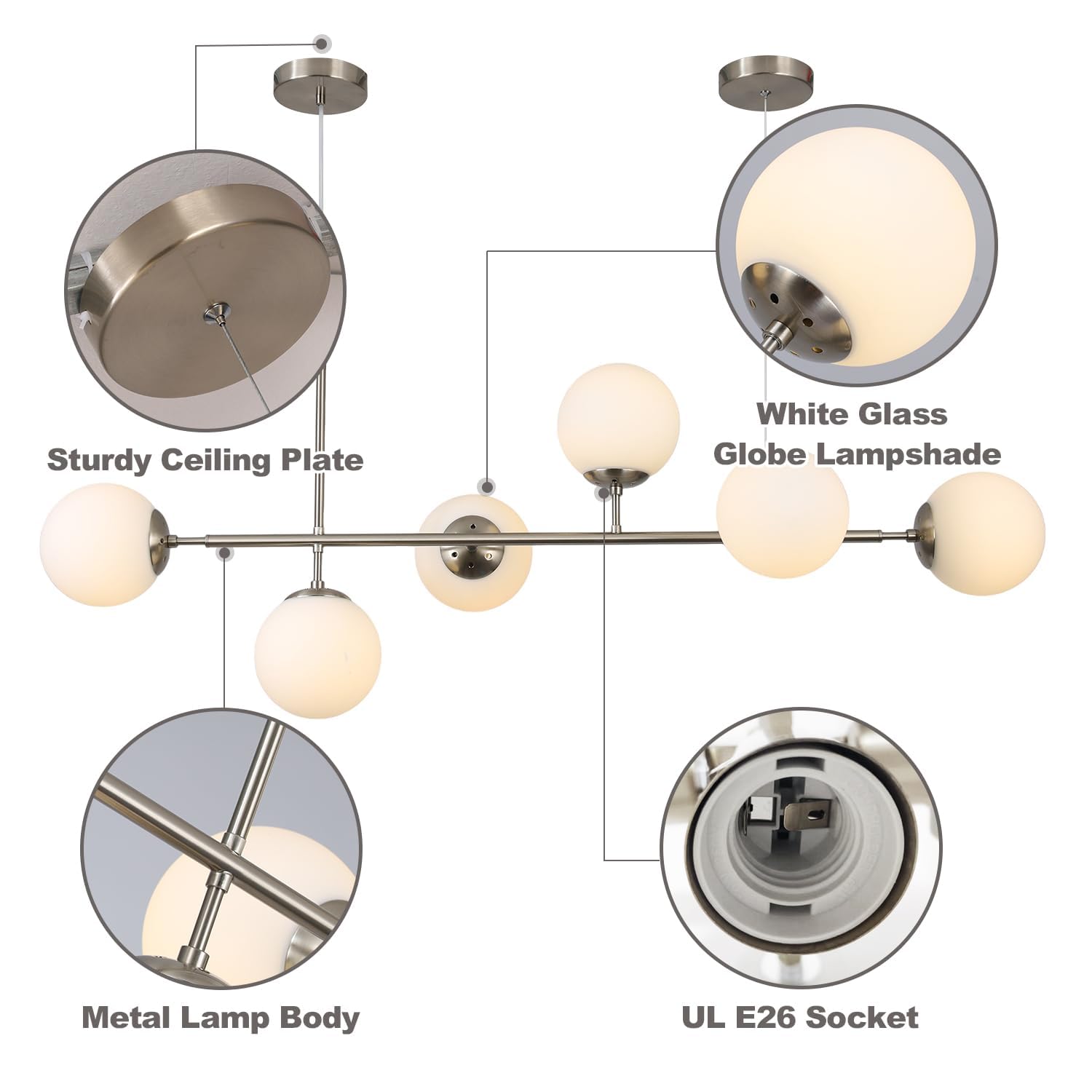 KCO Modern Mid-Century Glass Sputnik Pendant Light - Adjustable 6-Light LED Chandelier for Kitchen Island, Dining Room & Living Room (Silver/White) - Perfect for Contemporary Home Lighting & Interior Decor