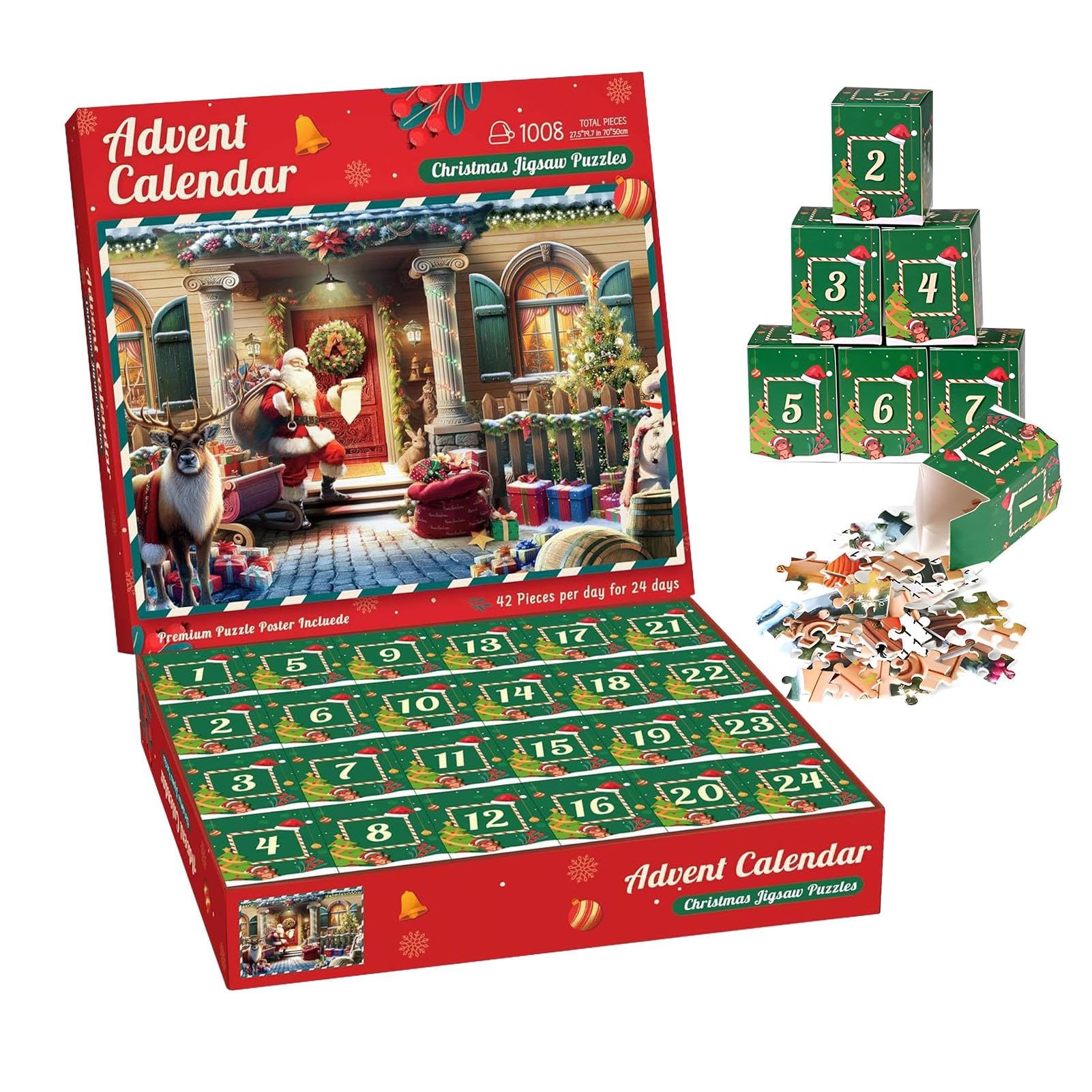 2024 Christmas Advent Calendar Puzzle - 24 Boxes 1008 Piece Holiday Countdown Puzzle for Adults & Kids - Festive Advent Calendar Puzzle for Christmas Decor & Family Fun