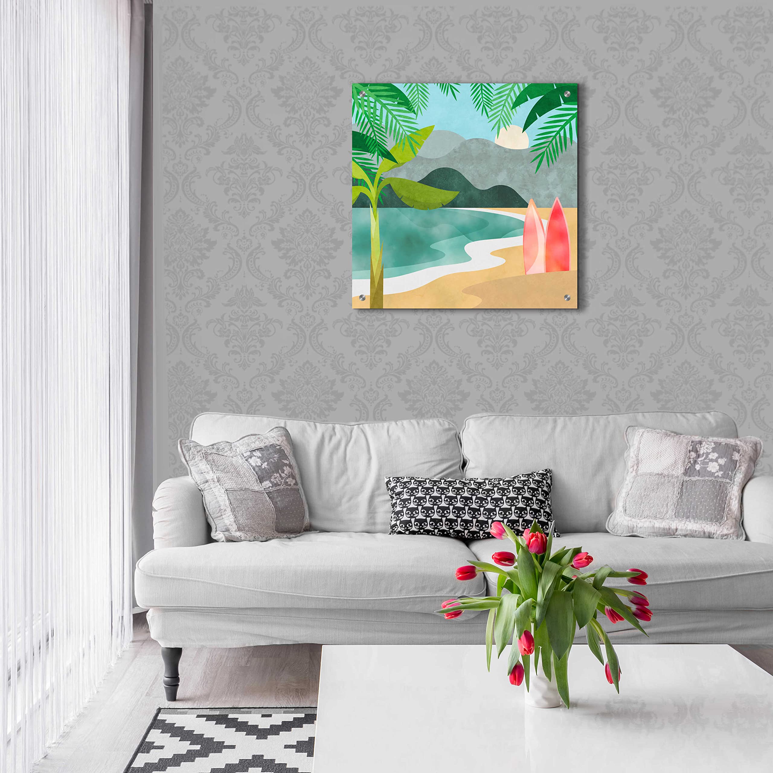 Secret Surf Spot by Andrea Haase - 24x24 Inch Acrylic Glass Wall Art Painting, Modern Coastal Beach Decor for Living Room, Bedroom & Office