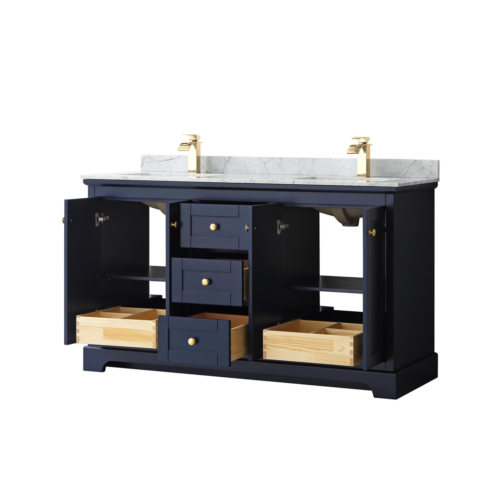 Wyndham Collection Avery 60 Inch Double Bathroom Vanity - Dark Blue with White Carrara Marble Countertop & Undermount Square Sinks | Modern Bathroom Furniture for Master Bath or Guest Bath Renovation