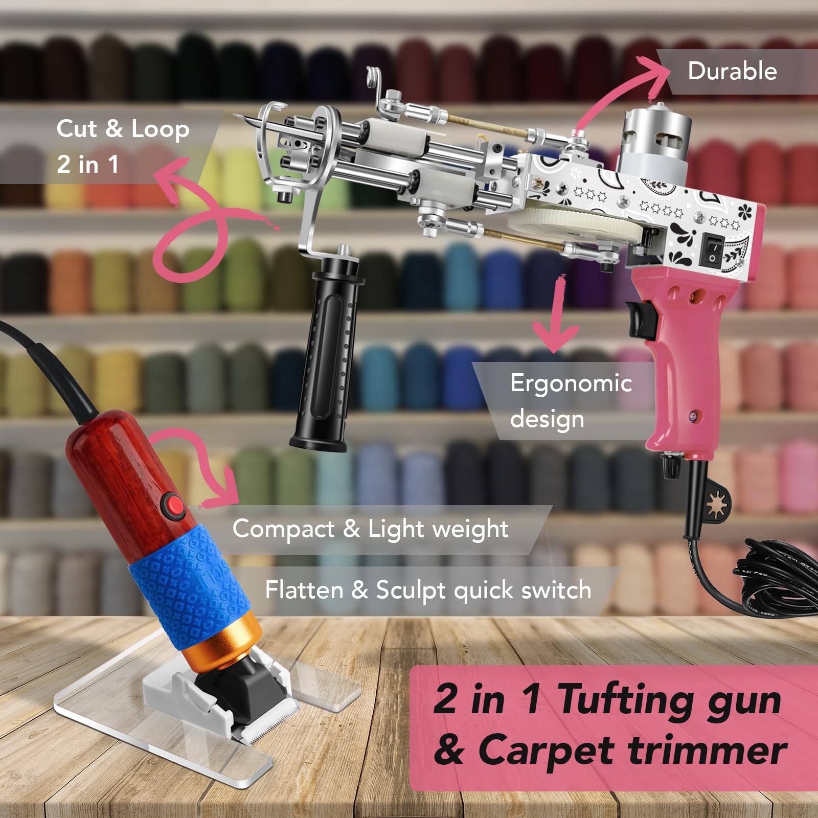 Premium Rug Tufting Gun & Carpet Trimmer Kit - 2-in-1 DIY Carpet Making Machine with Rug Shaver, Punch Needle & Fabric (Pink) - Perfect for Home Decor, Wall Hangings & Handmade Rugs