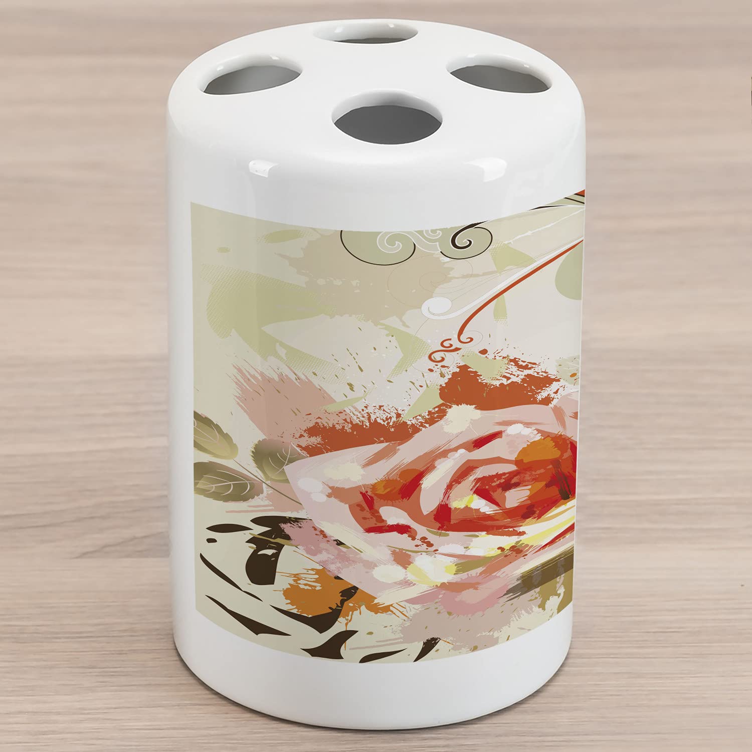 Ambesonne Rose Ceramic Toothbrush Holder - Vintage Floral Bathroom Decor with Abstract Grunge Rose Design, Countertop Organizer for Toothbrushes & Makeup Brushes, 4.5