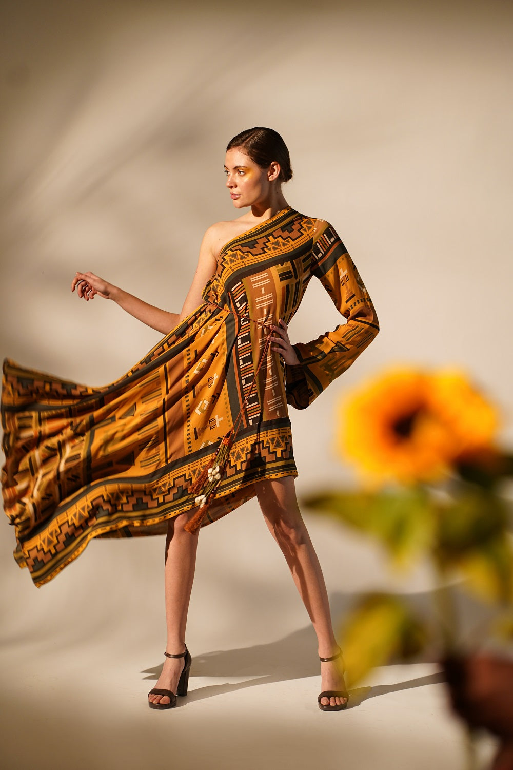 Mustard Aztec Print One Shoulder Dress for Women - Boho Chic Summer Party Outfit - Perfect for Beach Vacations, Music Festivals & Date Nights