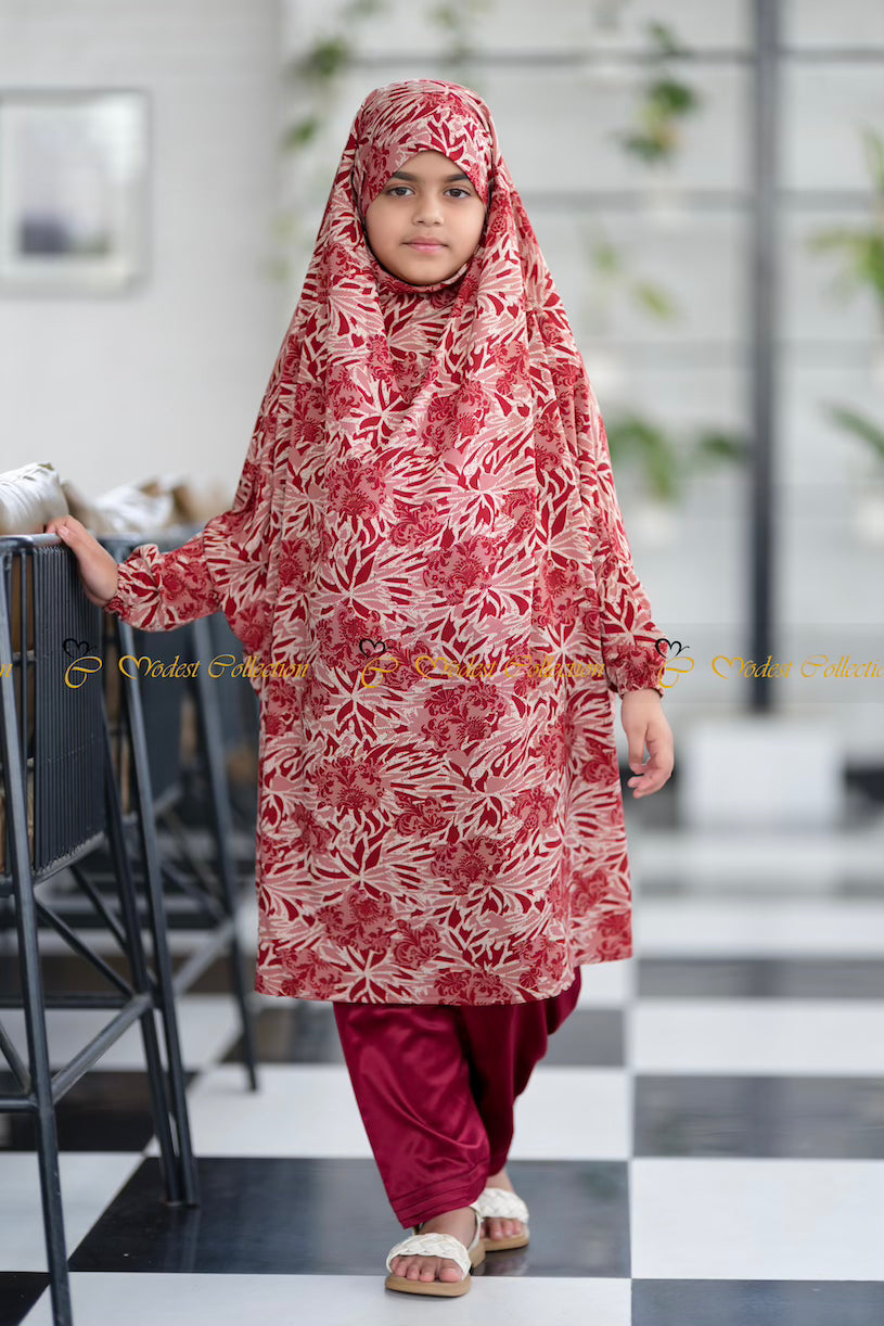 Bareerah Printed Maroon Jilbab - Modest Islamic Hijab Scarf for Women - Perfect for Prayer, Daily Wear & Special Occasions