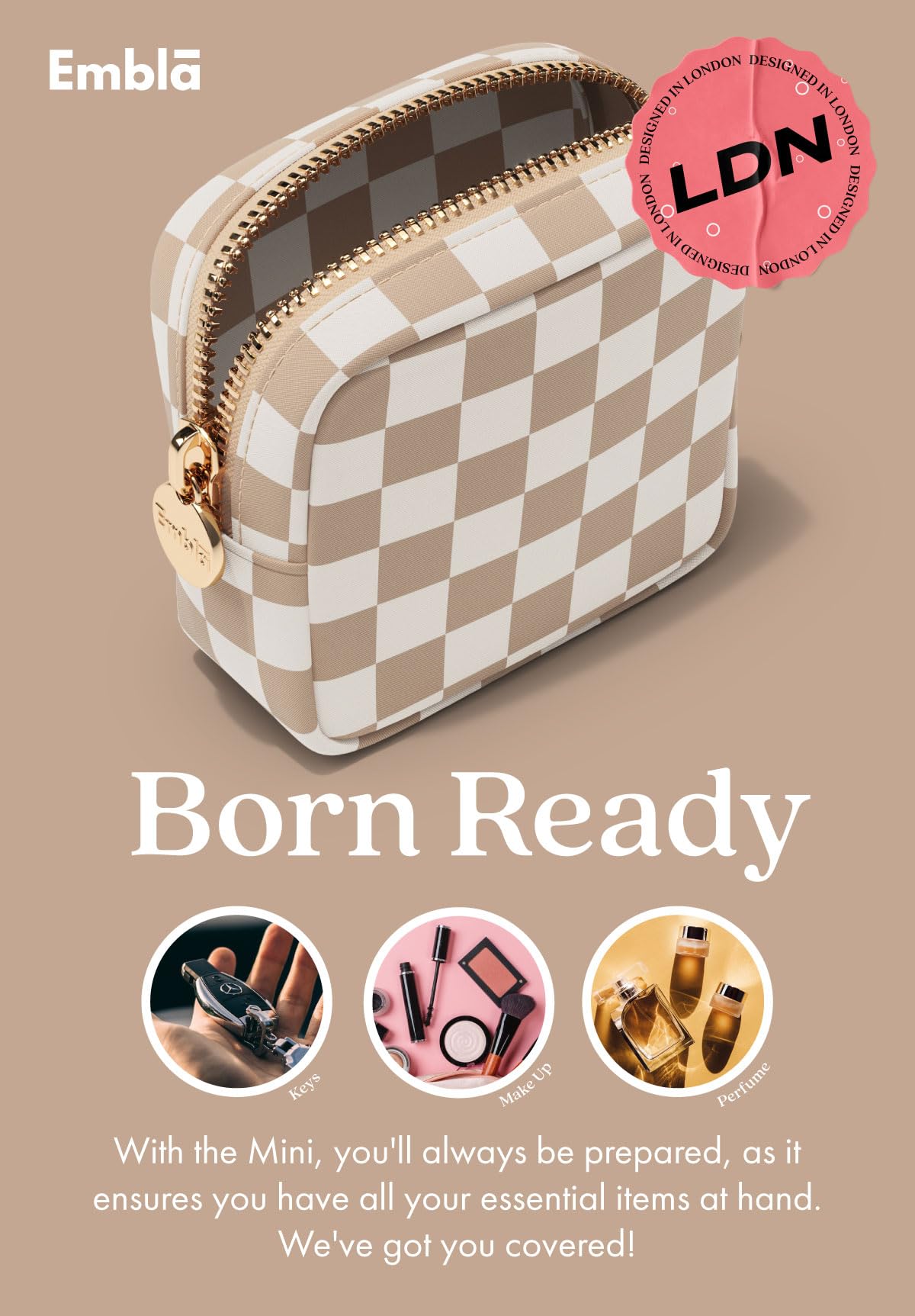 Embla Makeup Bag Travel Cosmetic Organizer - Waterproof Nylon Zipper Pouch for Women, Mini Toiletry Bag with Sand Checkered Pattern | Perfect for Travel, Gym, Daily Use & Cosmetic Storage