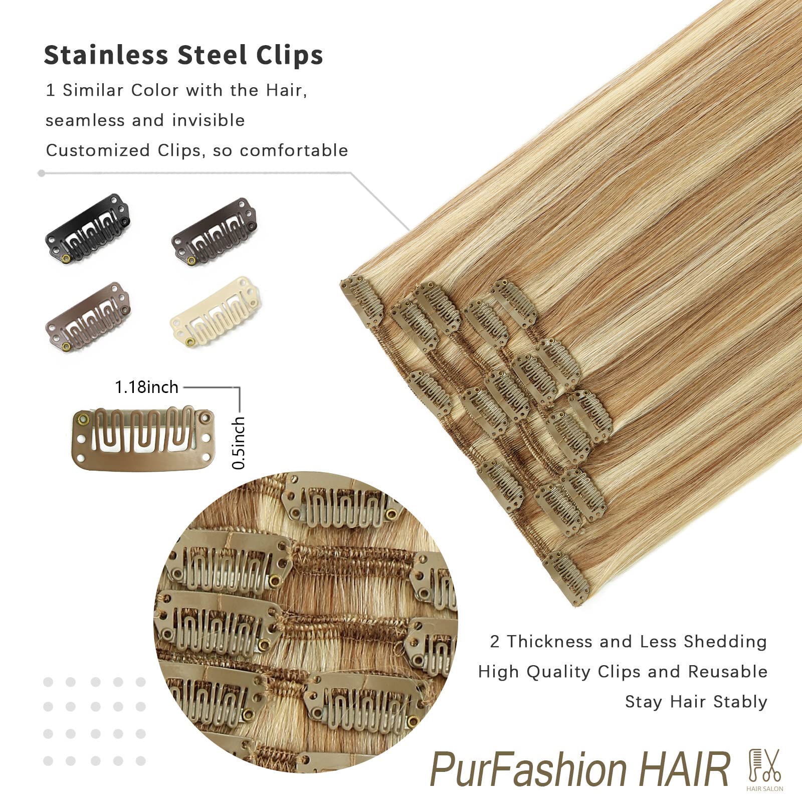 Golden Brown Clip in Hair Extensions with Bleach Blonde Highlights - 15 Inch Real Human Hair, 70g Straight & Soft for Everyday Styling & Special Occasions
