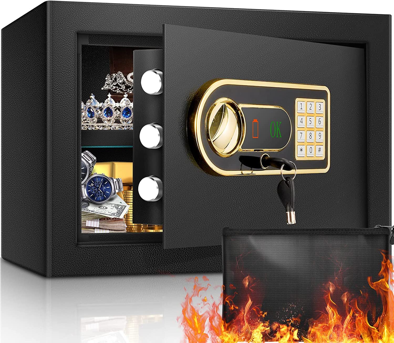 0.8 Cubic Feet Fireproof and Waterproof Home Safe with Digital Keypad, Emergency Battery Box & Fireproof Money Bag - Secure Storage for Pistols, Money, Jewelry, Documents, and Medicines - Ideal for Home, Office, and Travel Security