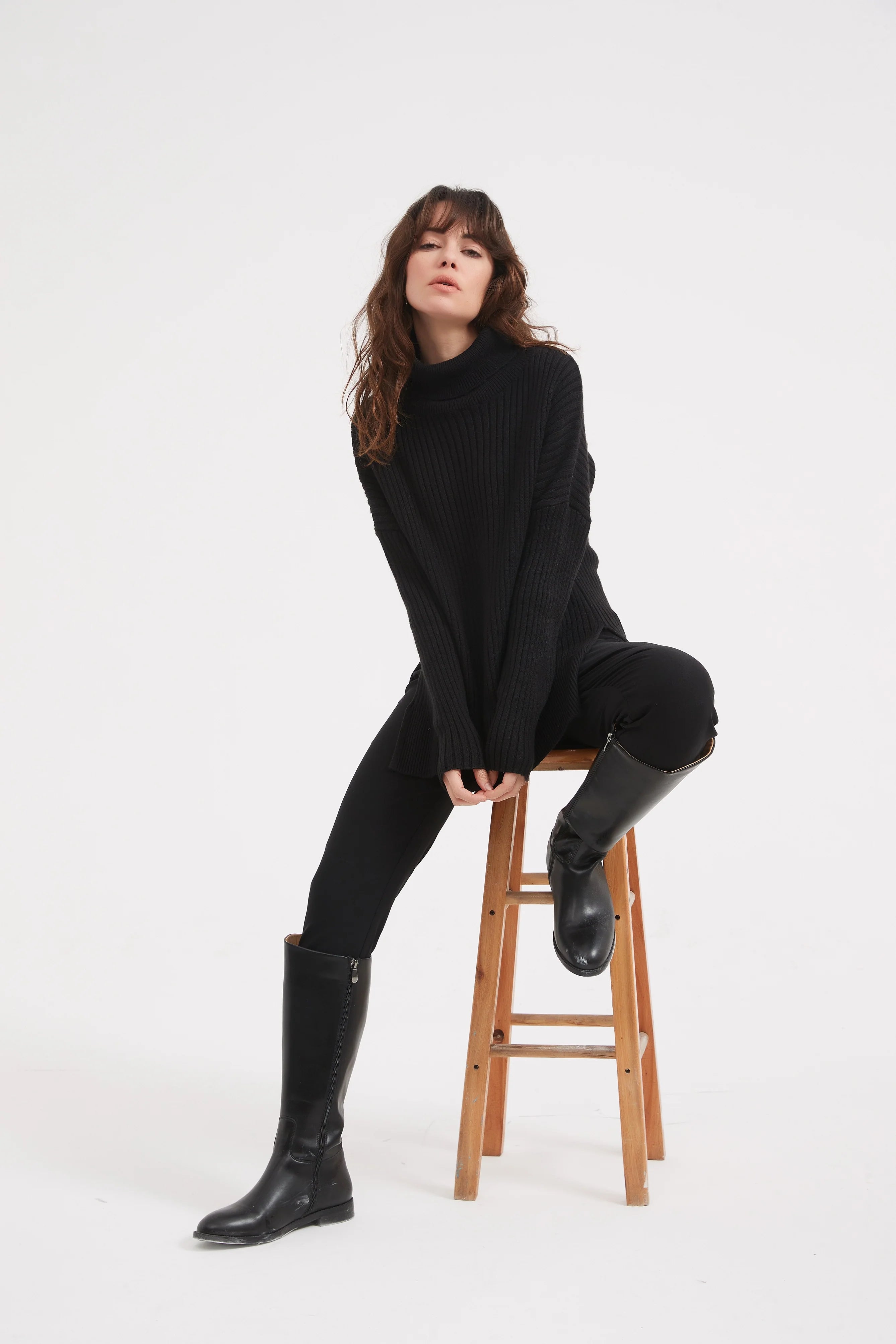 BOXY ROLL NECK KNIT SWEATER - BLACK WOMEN'S FASHION TOP for Casual Wear & Winter Outfits