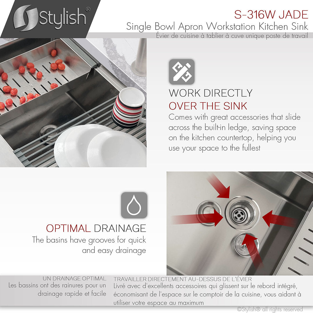Stylish 30-Inch JADE S 316L Farmhouse Single Bowl Stainless Steel Apron Kitchen Sink with Accessories - Perfect for Modern Farmhouse & Rustic Style Kitchens