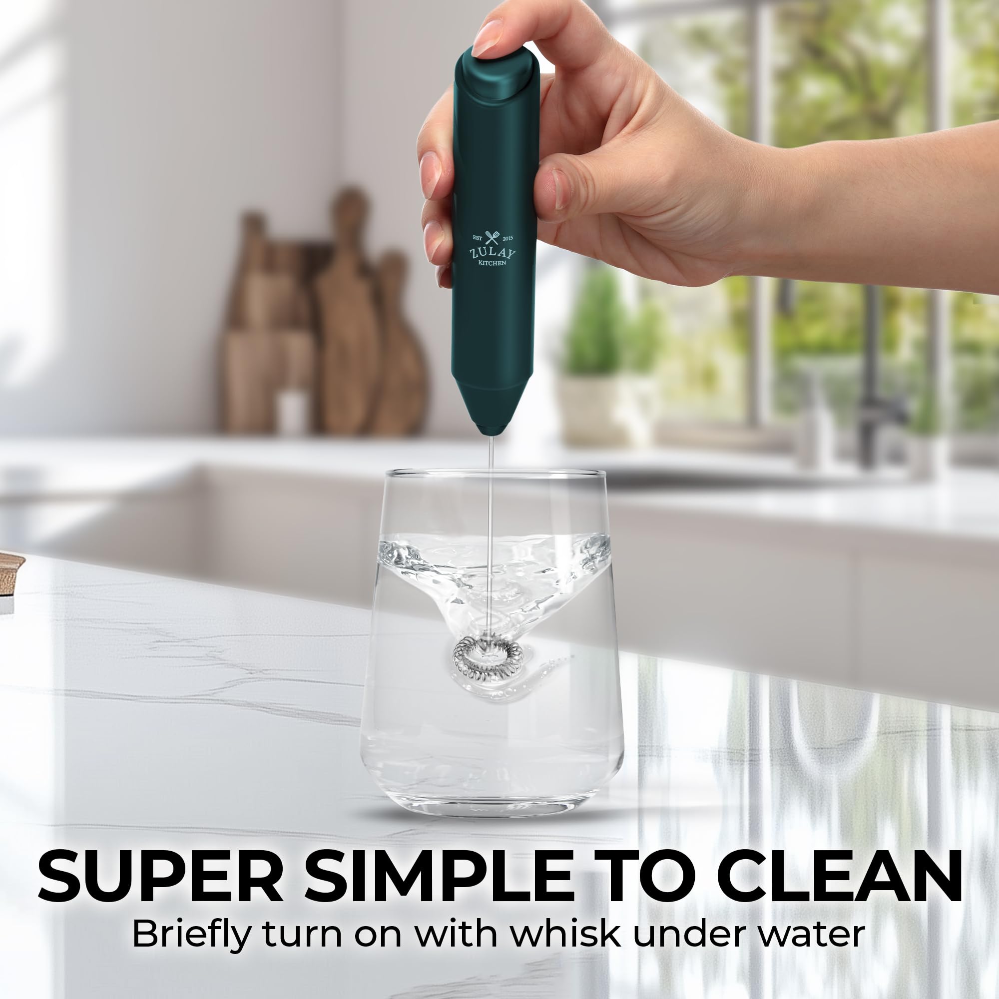 Zulay Kitchen Powerful Milk Frother Handheld - Stainless Steel Battery Operated Mini Frother for Coffee, Latte, Cappuccino, Matcha, Hot Chocolate - Perfect for Home, Office & Travel - Dark Green