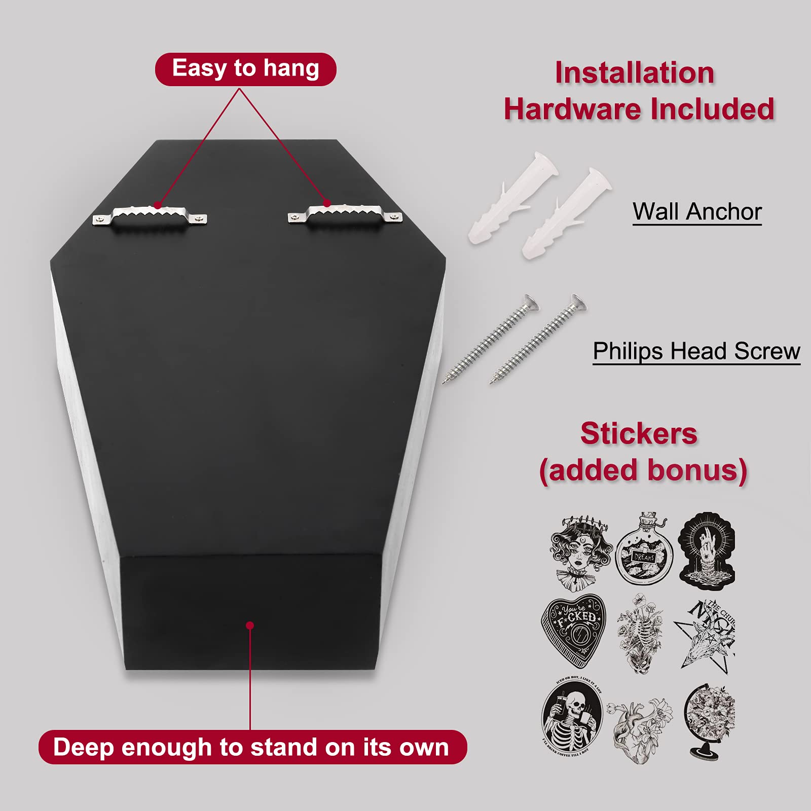 Nanayo Gothic Makeup Organizer – 3-Tier Coffin Shelf & Brush Holder | Wall Mount or Free Standing Makeup Storage for Bathroom & Bedroom | Spooky Halloween Decor & Vanity Display