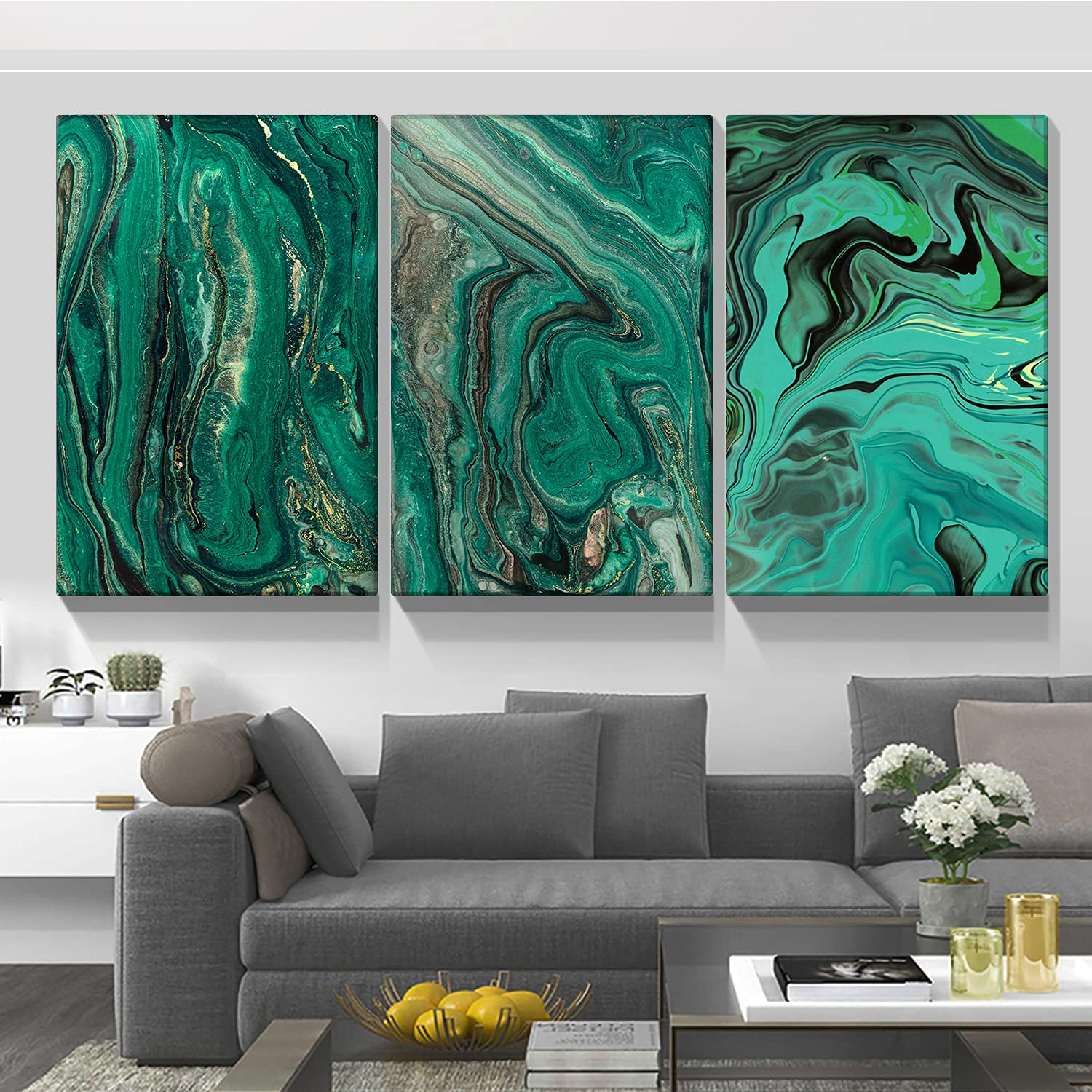 Looife Abstract Canvas Wall Art Set of 3 - 24x36 Inch Teal Oil Painting Prints, Modern Home Decor for Living Room & Bedroom - Ready to Hang