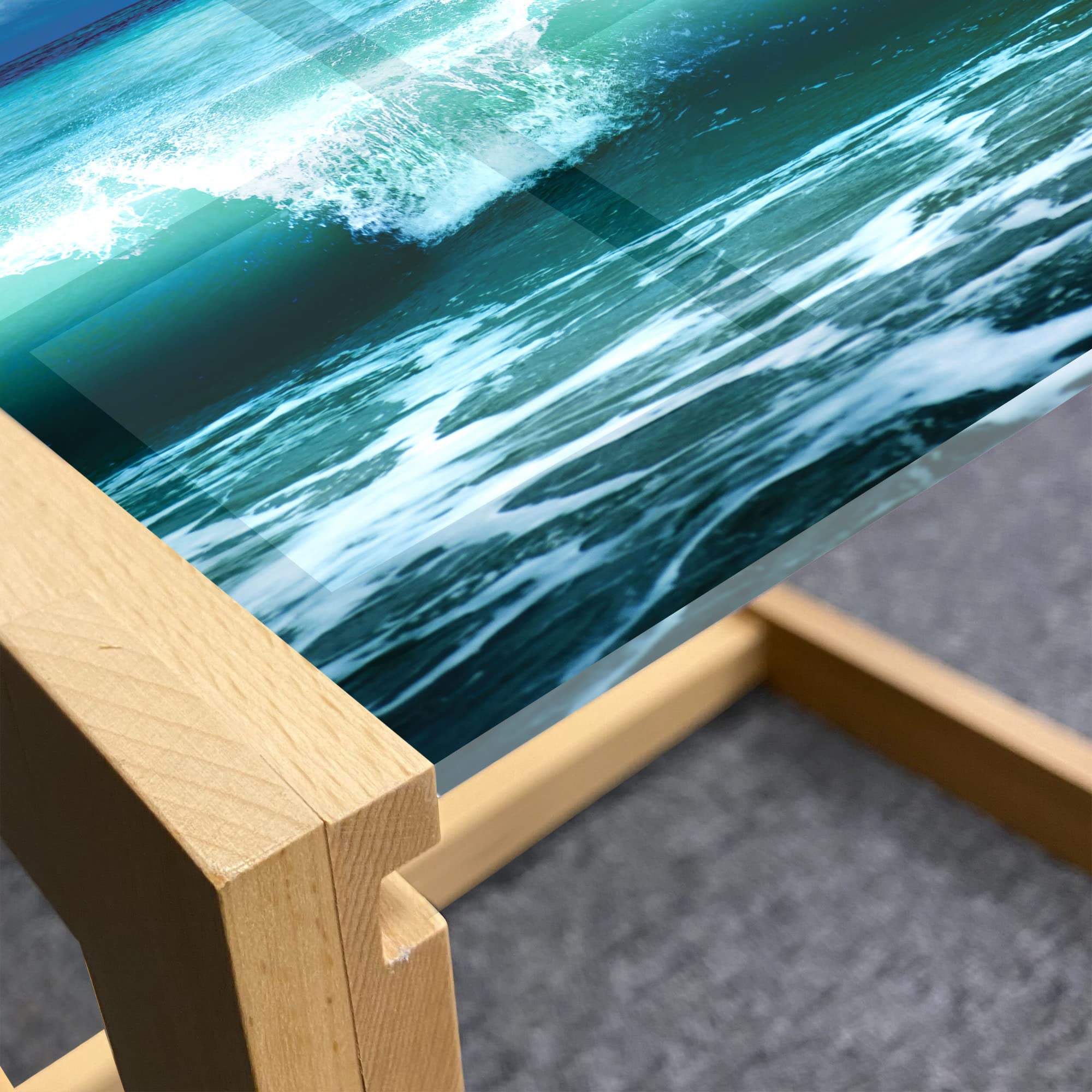 Ambesonne Ocean Themed Coffee Table - Caribbean Island Seascape with Waves & Surfing Design, Acrylic Glass Top with Wooden Frame, Small Size in Aqua Navy Blue & White - Perfect for Offices, Dorms, Living Rooms & Beach House Decor