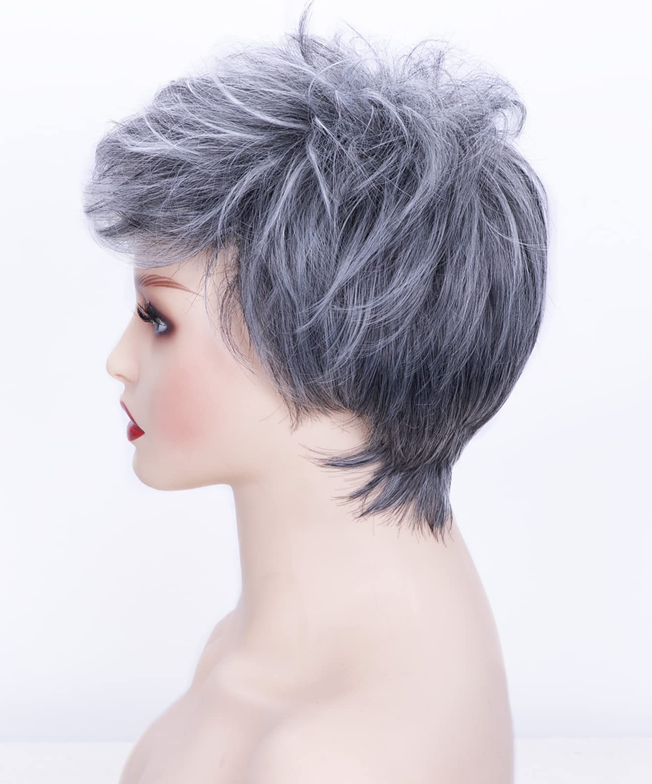 Happy Cherry Short Wigs for Women - Synthetic Shag Wig with Black & Silver Highlights - Pixie Layered Wig for Older Women - Includes Cap & Comb - Perfect for Cosplay, Daily Wear & Costume Parties