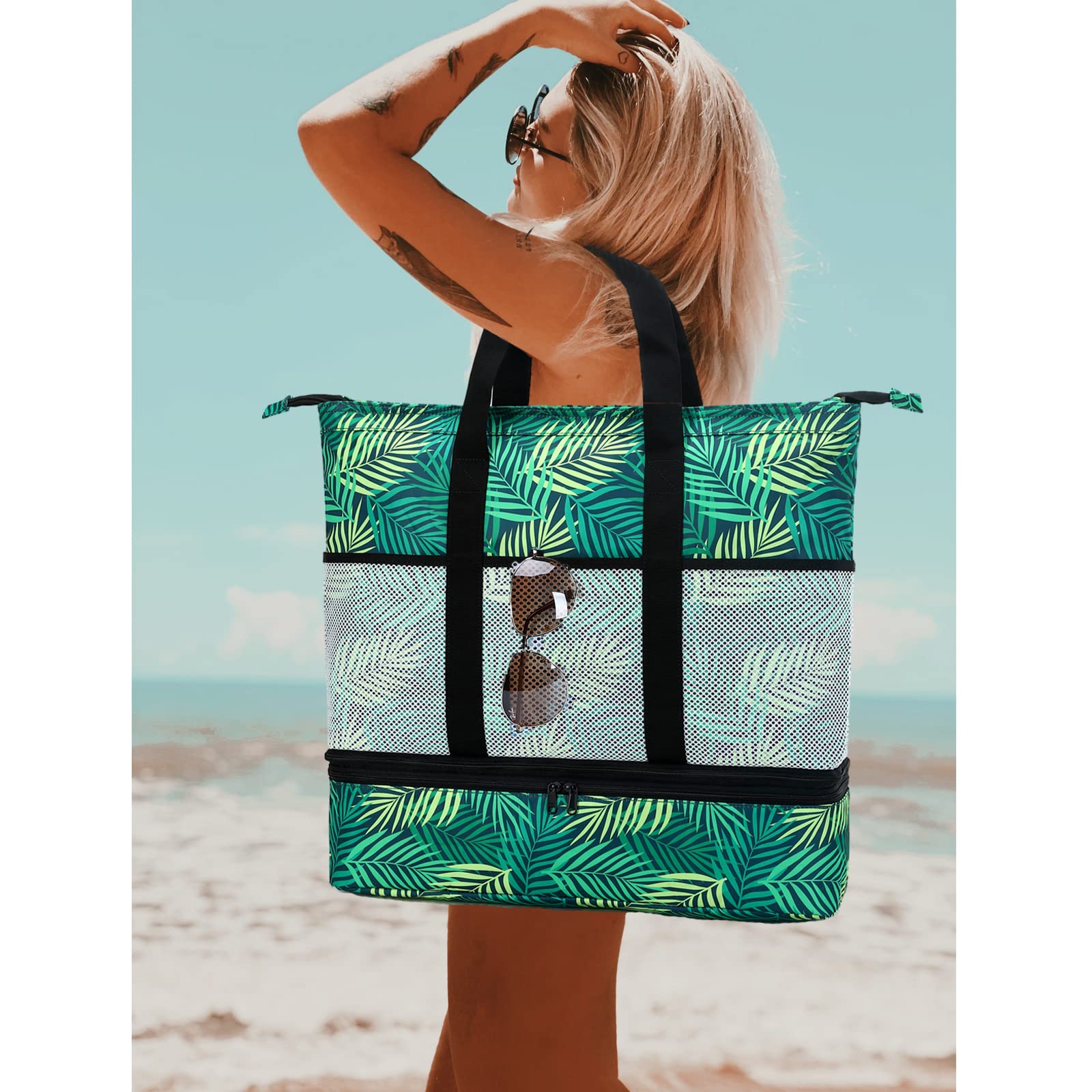Octsky Large Waterproof Beach Tote Bag with Cooler & 9 Pockets - Sandproof Zippered Pool Bag for Women | Perfect for Beach Trips, Pool Parties & Summer Vacations