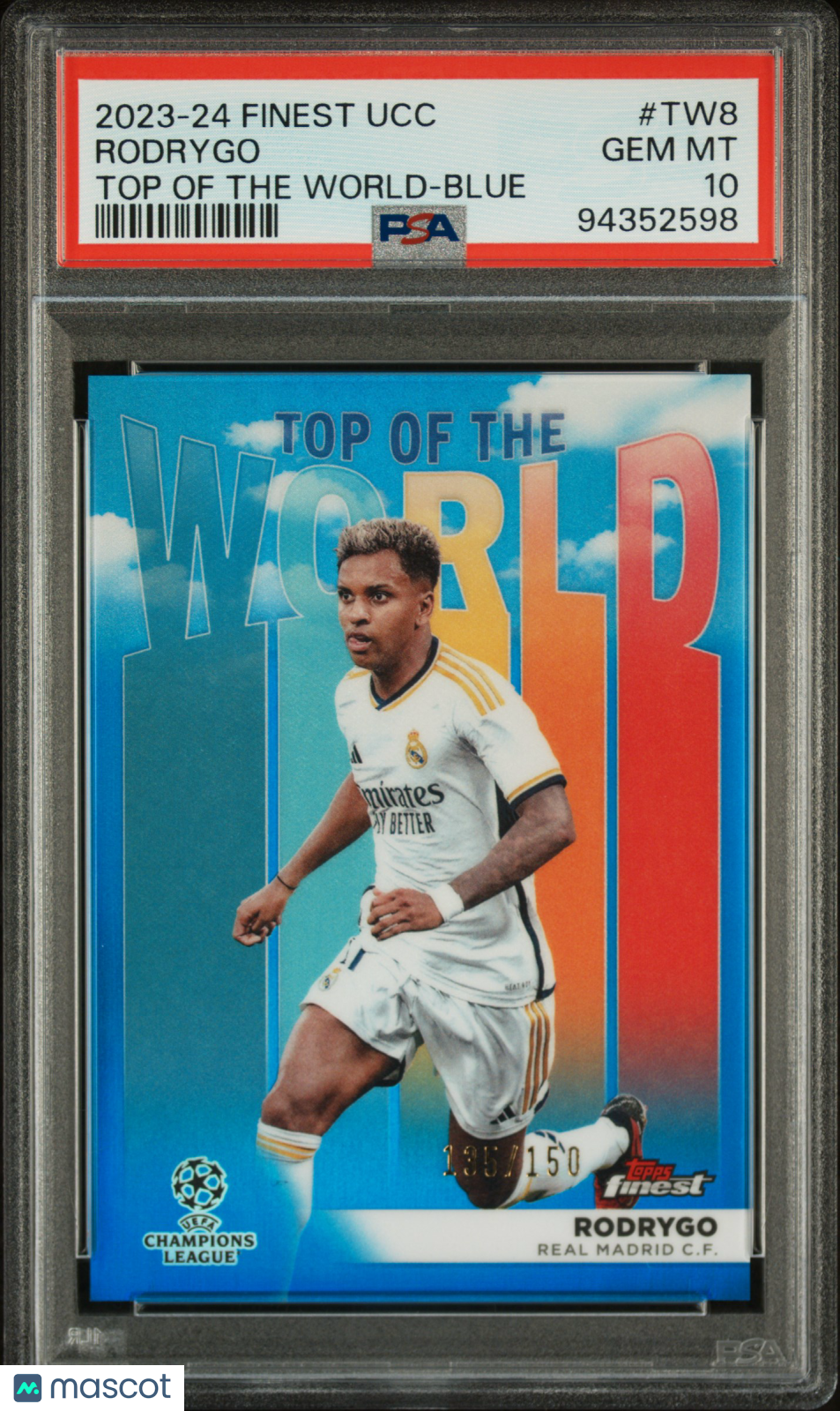2023-24 UEFA Finest Rodrygo Top of the World Blue Refractor #TW8 135/150 PSA 10 Gem Mint - Perfect for Soccer Card Collectors & Sports Memorabilia Enthusiasts