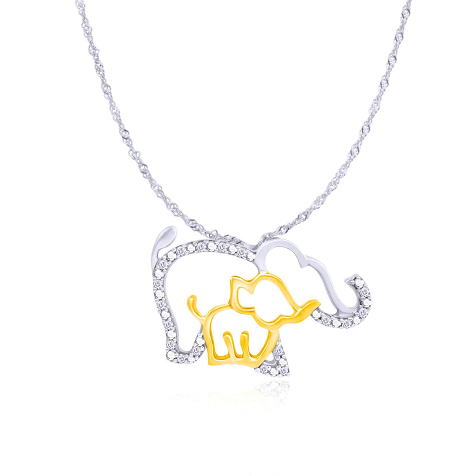 DIYA 925 Sterling Silver Mother & Baby Elephant Moissanite Pendant Necklace for Women & Girls - 16+2 Inch Adjustable Chain, Elegant Jewelry Gift for Her - Perfect for Mother's Day, Birthday & Anniversary Gifts