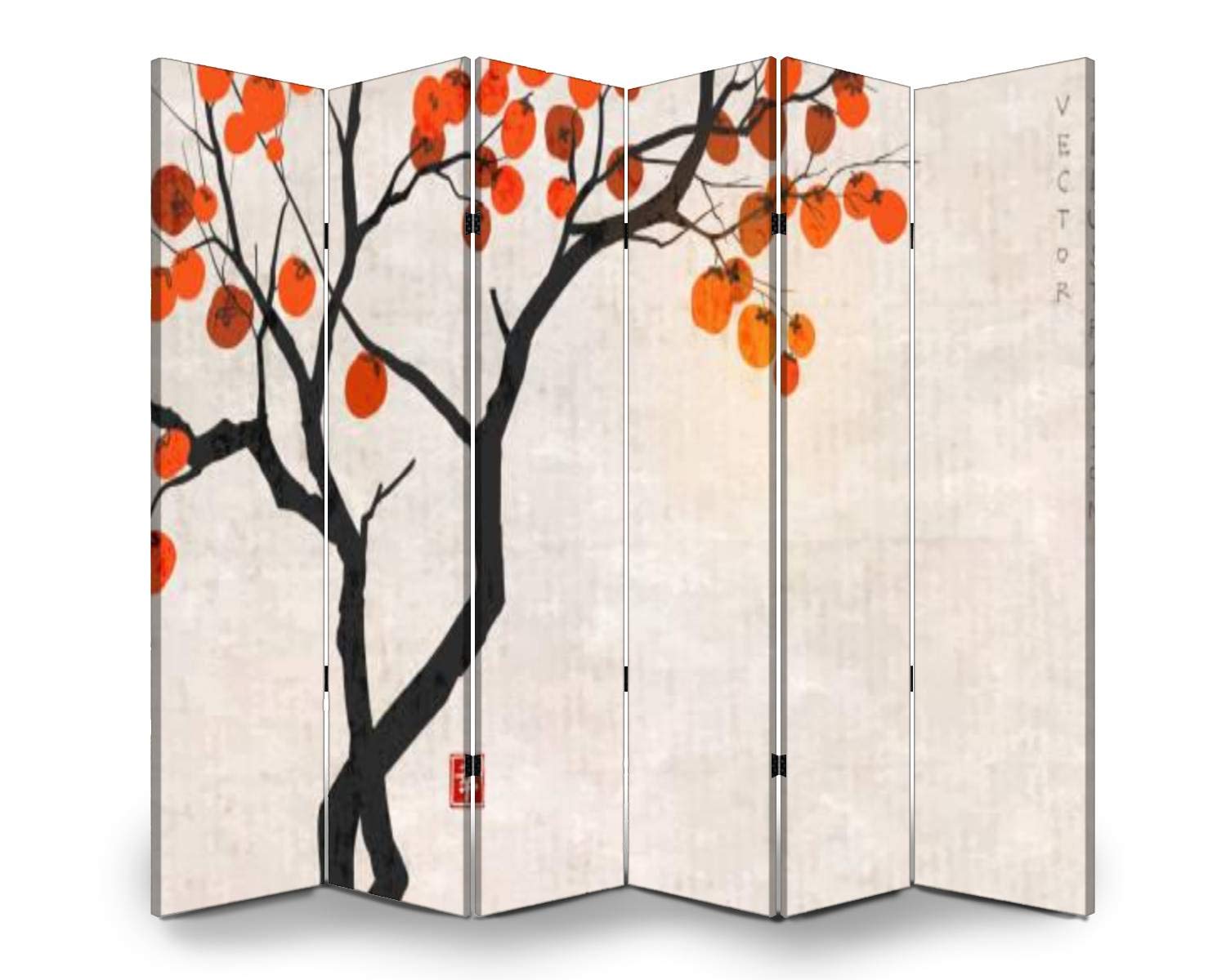 Vintage Rice Paper Folding Room Divider with Persimmon Tree Design - 6 Panel Wooden Privacy Screen for Home & Office - Dual-Sided Canvas Partition for Indoor Display & Shelving - Perfect for Living Room, Bedroom, or Studio Space Division