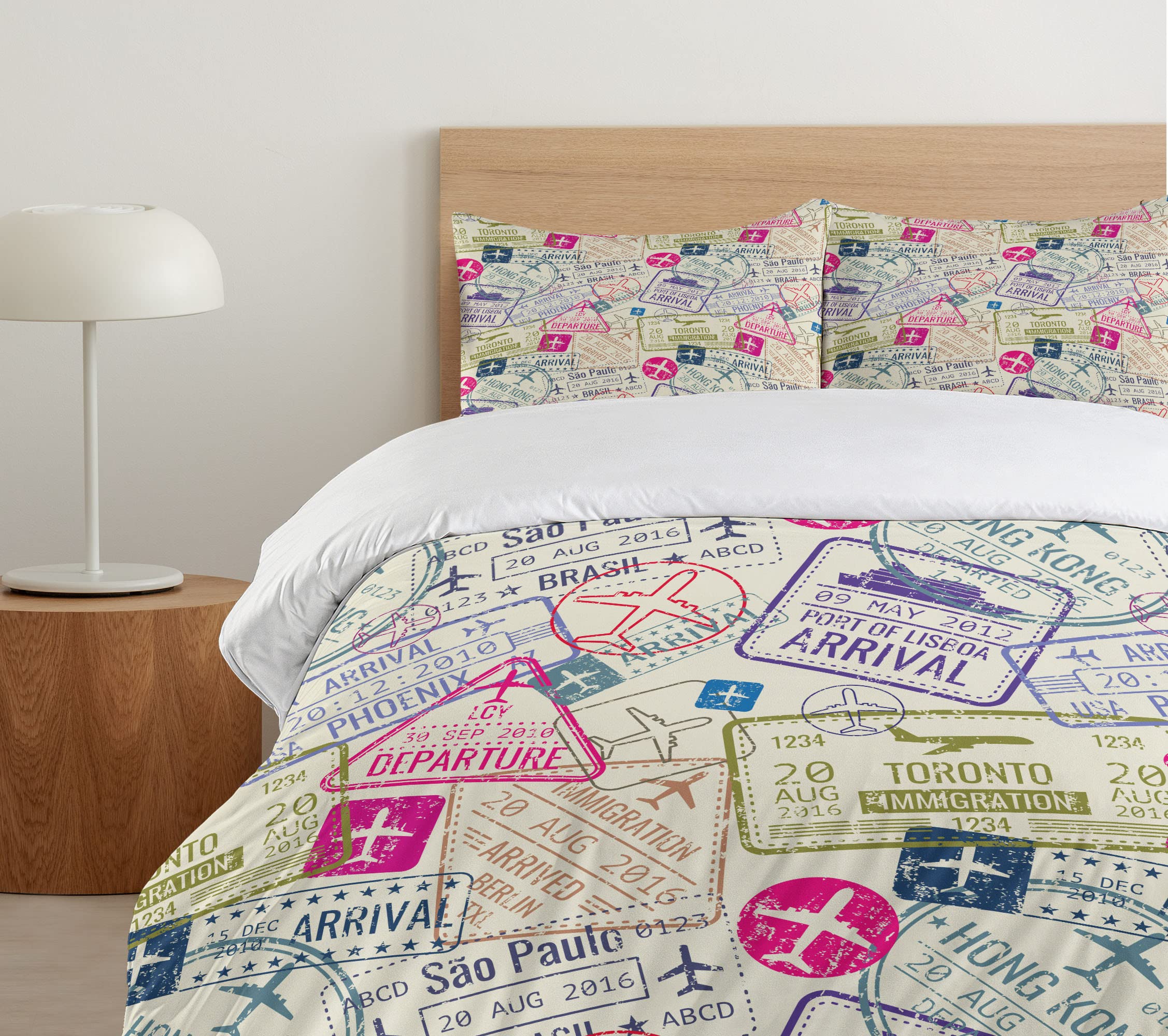 Ambesonne King Size Travel Themed Duvet Cover Set - Passport & Visa Stamp Design with Toronto, Hong Kong, Berlin Prints | 3-Piece Bedding Set Includes 2 Pillow Shams in Eggshell & Pink | Perfect for Wanderlust Bedrooms, Guest Rooms & Travel-Inspired Home Decor
