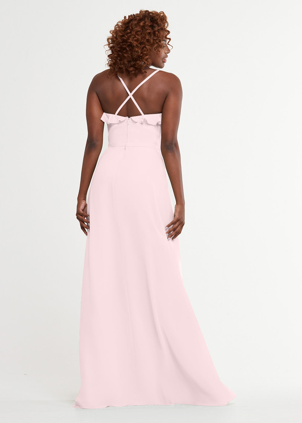 Elegant 80174 Chiffon A-Line Bridesmaid Dress with Ruffles & High Slit - Perfect for Weddings, Formal Events & Prom - Plus Size Options Available