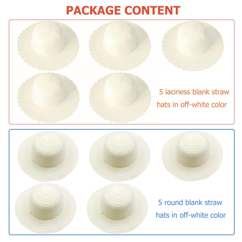 10Pcs DIY Straw Hats Set - 5 Lace Hats for Girls & 5 Round Hats for Boys - Blank White Hats for Art Painting, Tea Party, Easter & Dress Up - Perfect for DIY Crafts, Kids Parties & Holiday Celebrations
