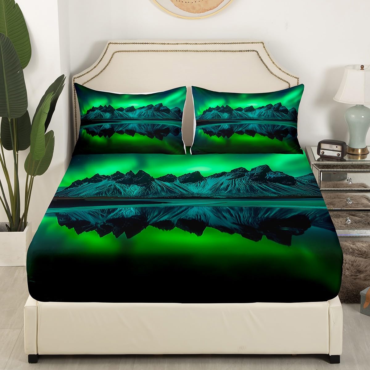 Northern Lights Bed Sheet Set for Kids & Youth - Queen Size Green Fitted Sheet with Mountain & Ocean Lake Scenery - Natural Landscape Bedroom Decor for Cozy & Relaxing Sleep