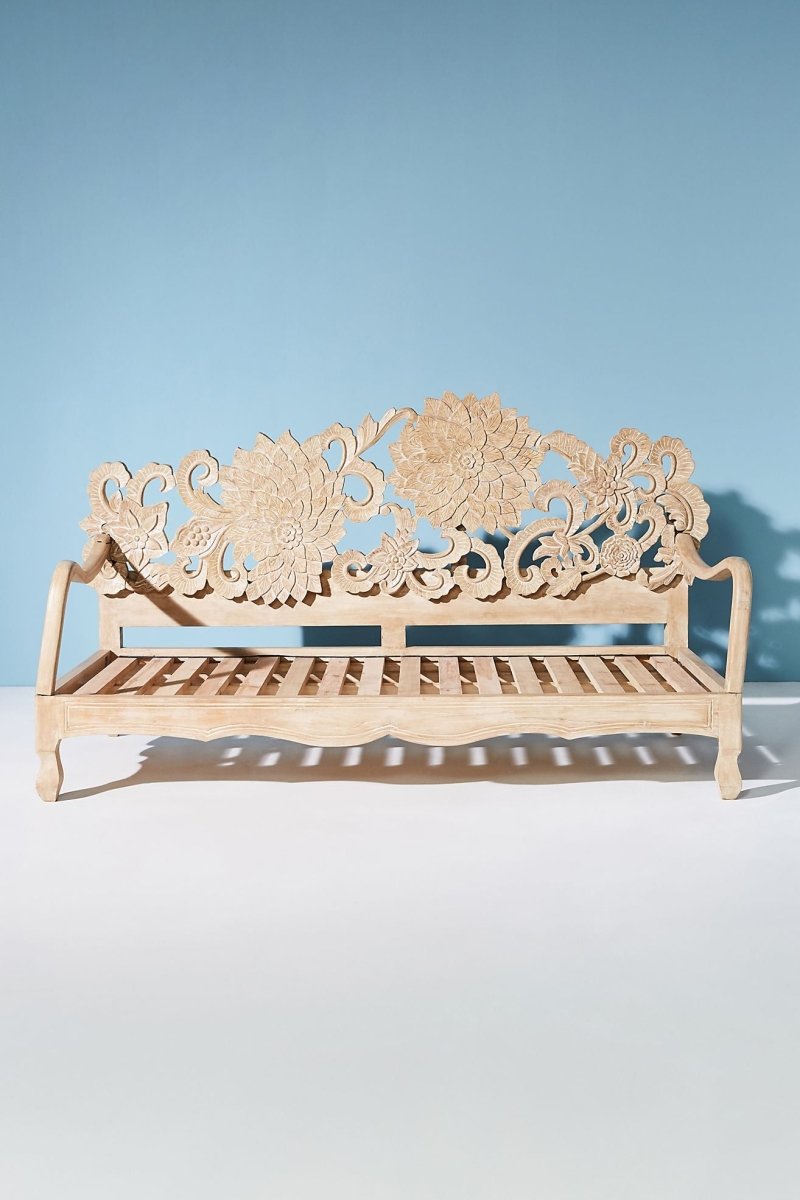 Hand Carved Wooden Lotus Daybed - Antique Design Sofa for Living Room, Bedroom & Outdoor Relaxation