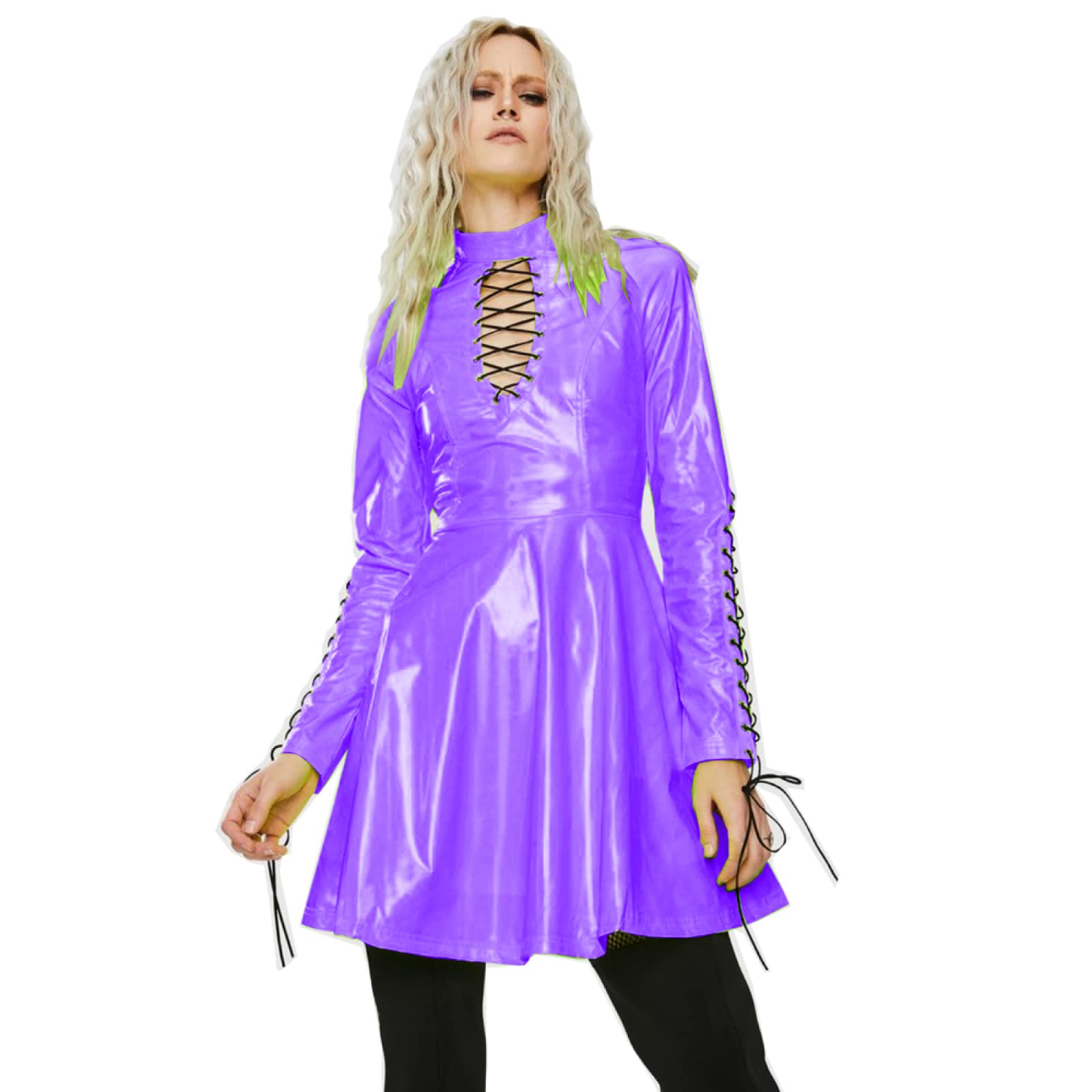 Gothic PVC Long Sleeve Hollow Out A-Line Mini Dress - High Waist Party Dress for Women Plus Size | Perfect for Halloween, Cosplay, Nightclub & Gothic Fashion Events