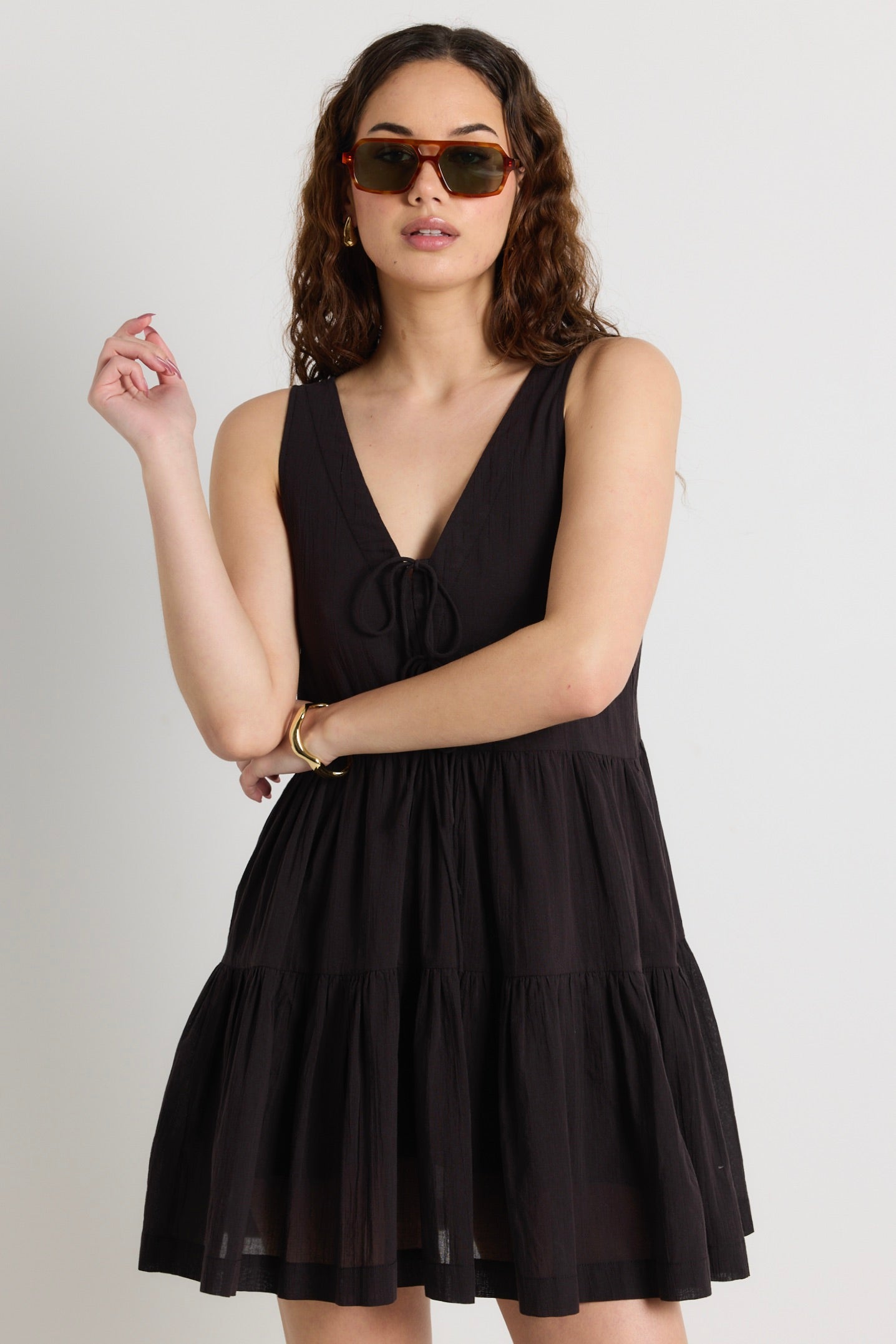 Pivot Black Cotton Sleeveless Tiered Mini Dress for Women - Summer Casual Party Wear, Beach Vacation Outfit, Date Night Dress