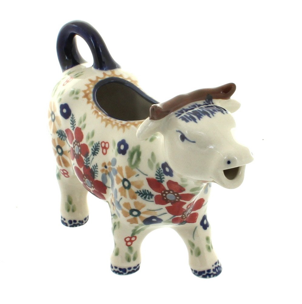 Blue Rose Polish Pottery Red Daisy Cow Creamer - Handmade Ceramic Milk Jug for Coffee & Tea - Perfect for Farmhouse Kitchens, Country Decor & Gift Giving