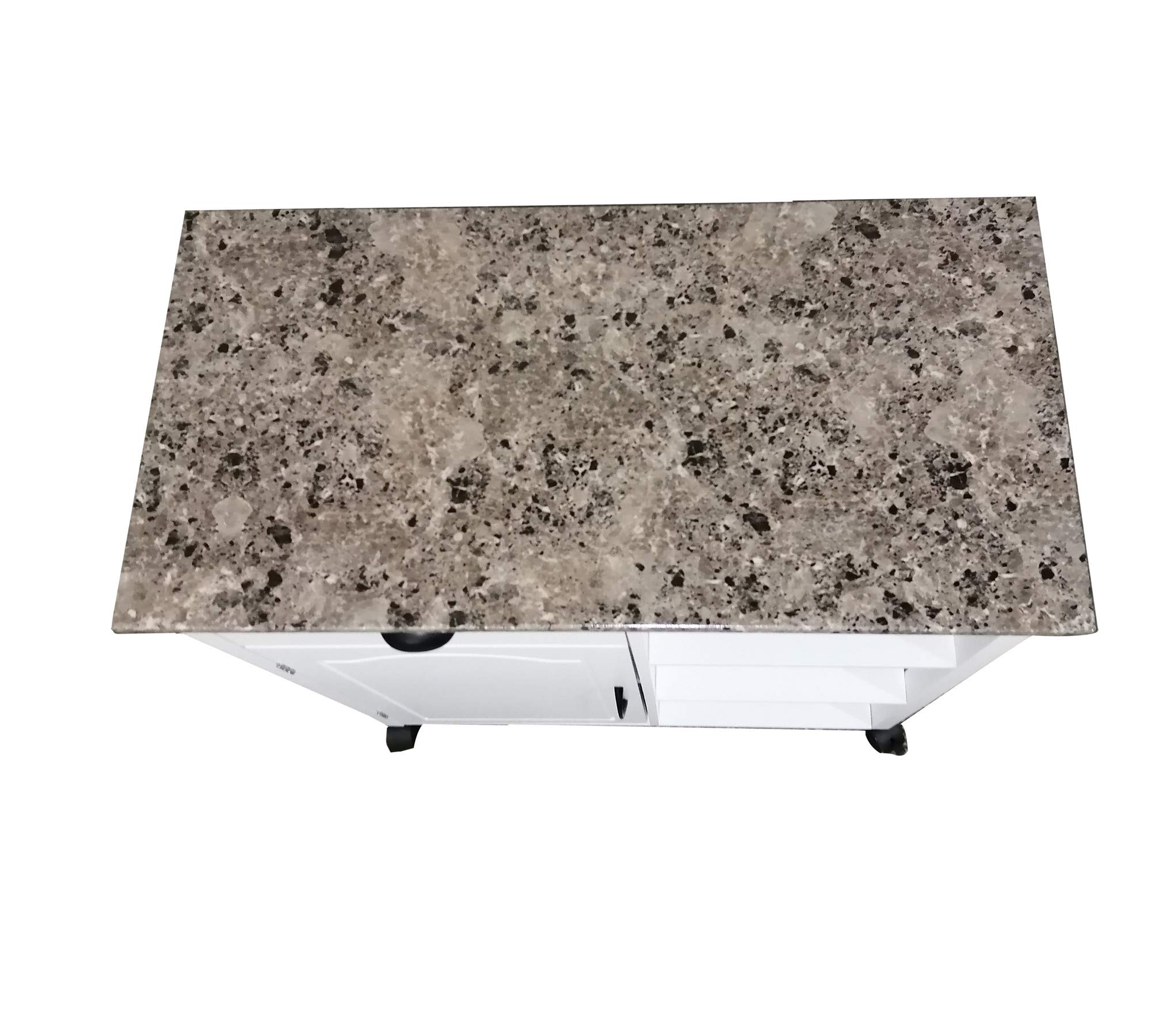 King's Brand White Finish Wood & Marble Vinyl Top Kitchen Storage Cabinet Cart - Perfect for Small Spaces, Pantry Organization & Dining Room Storage