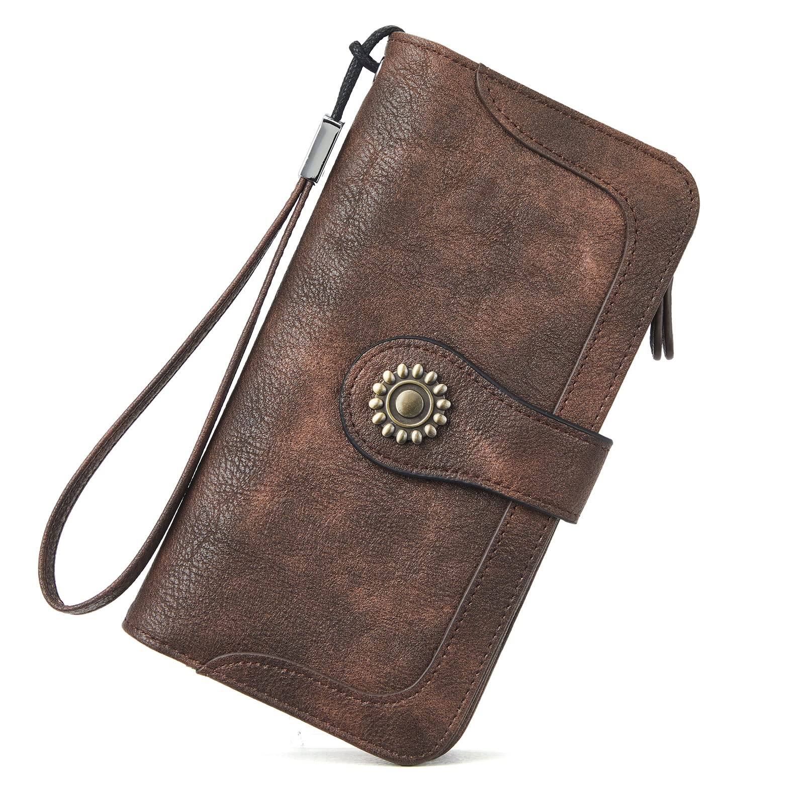 BROMEN Women's RFID Blocking Leather Wallet - Large Capacity Credit Card Holder & Wristlet Clutch Purse (Coffee) | Perfect for Everyday Use, Travel, and Gift Giving