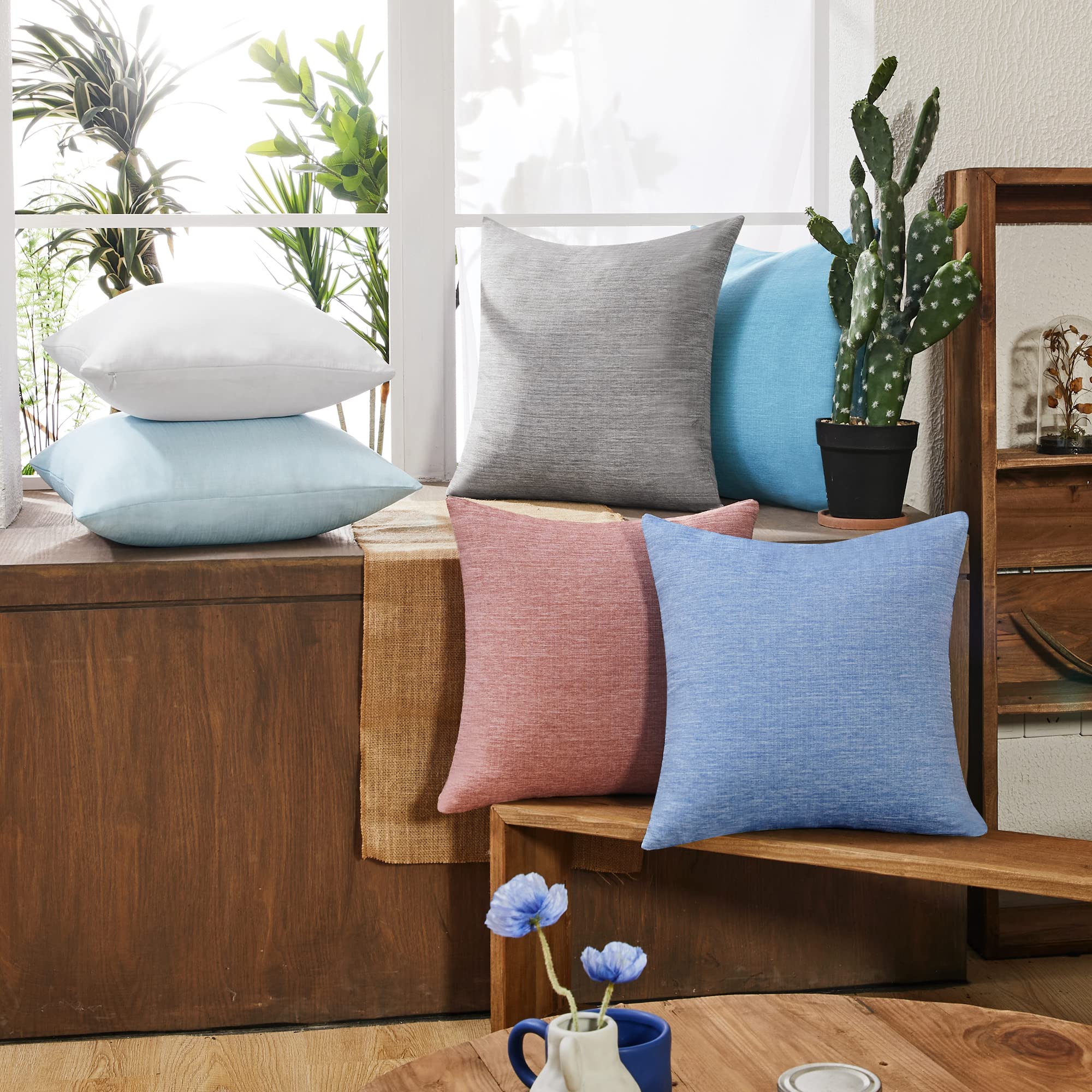Deconovo 24x24 Inch Faux Linen Pillow Covers - Soft Decorative Cushion Shams for Sofa, Bed, Patio (Lake Blue, Set of 4) - Breathable & Wrinkle-Resistant Pillowcases for Indoor & Outdoor Use