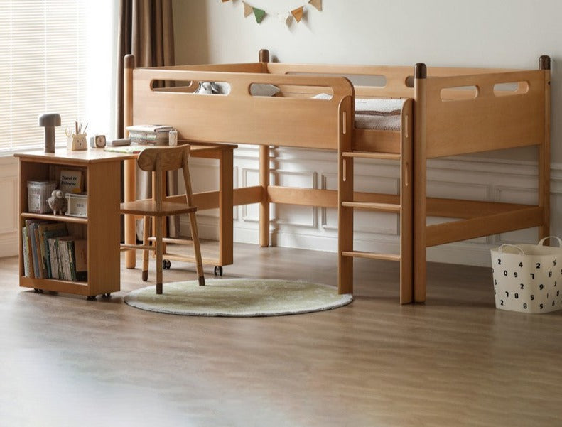 Solid Oak Wood Mid-High Bed with Slanted Ladder - Sturdy Adult Loft Bed for Small Spaces, Dorm Rooms & Modern Apartments