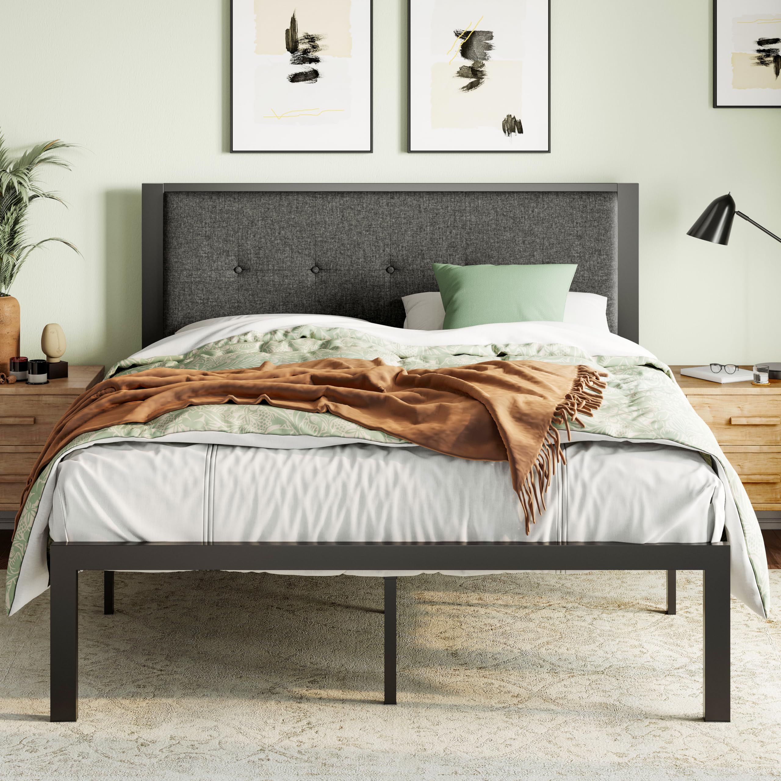 Heavy Duty Full Size Platform Bed Frame with Upholstered Button Tufted Headboard - 17 Reinforced Metal Slats, 11