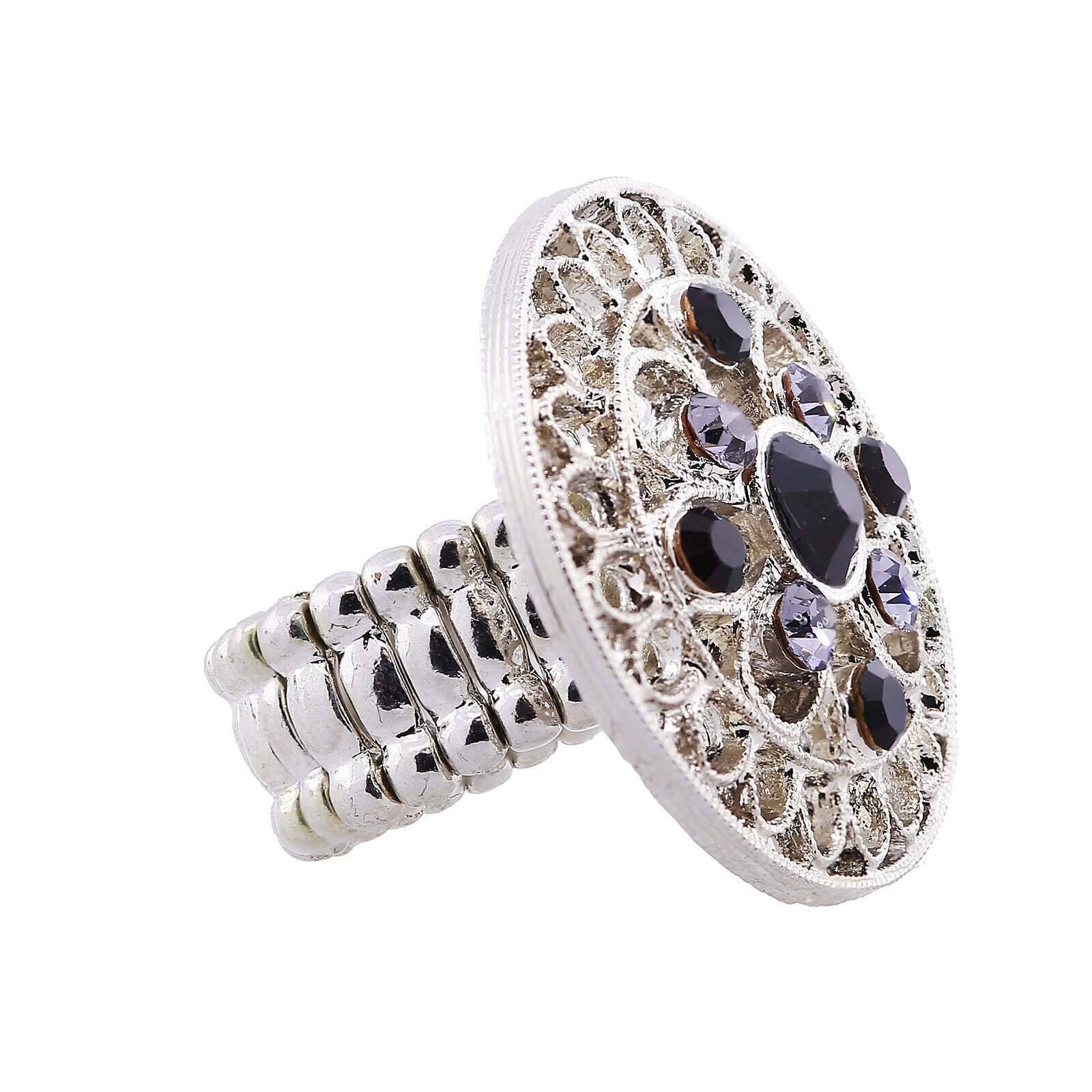 1928 Jewelry Black Diamond & Crystal Round Stretch Ring for Women - Elegant Fashion Accessory for Parties, Weddings & Evening Events