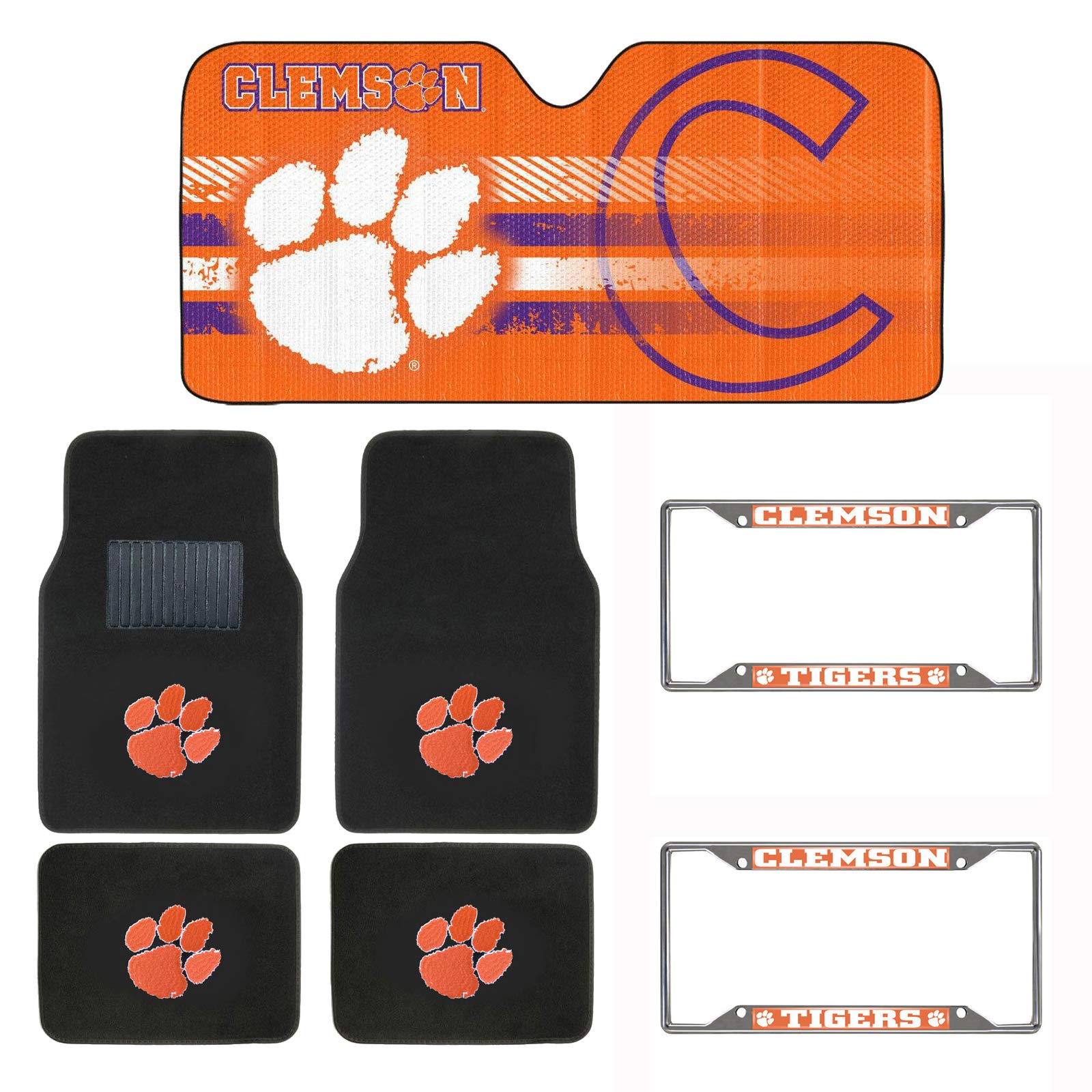 Officially Licensed Clemson Tigers AAC NCAA Carpet Floor Mats Bundle with License Plates & Sunshade - 7-Piece Set for Cars, Trucks & SUVs - Perfect for Game Days, Tailgating & Showing Team Spirit