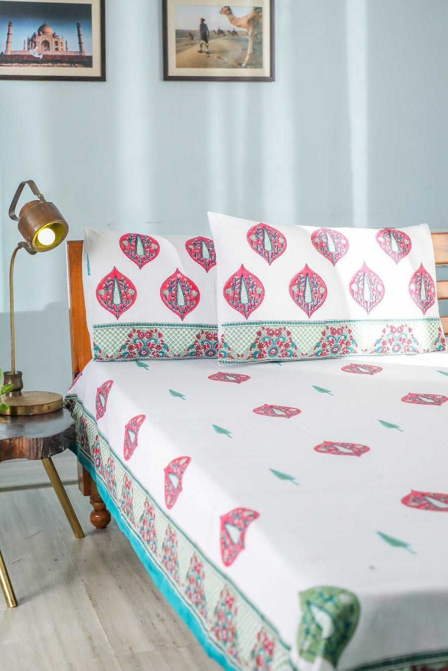 SootiSyahi 'Buds & Petals' Handblock Printed Cotton Bedsheet - Queen Size, 100% Organic Cotton, Breathable & Soft - Perfect for Bedroom Decor, Boho Chic Style, and Gift Giving