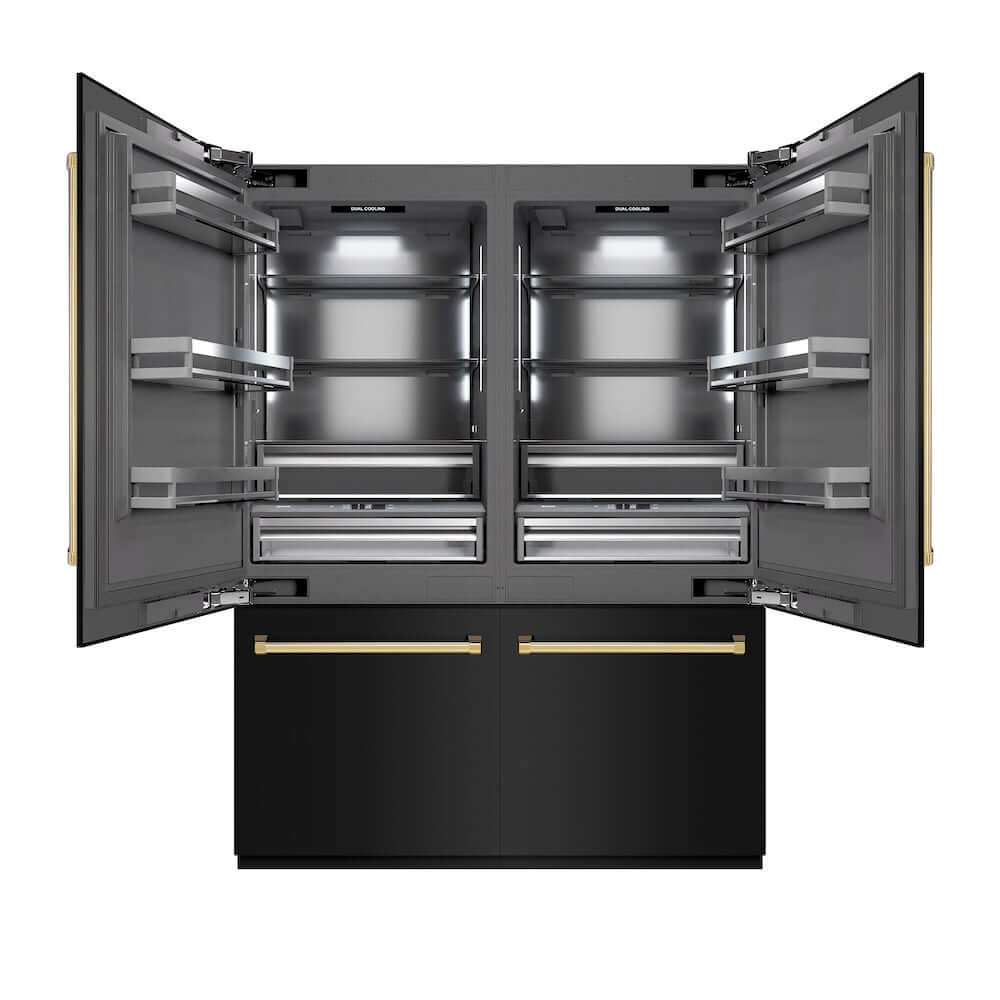 ZLINE Autograph Edition 60-Inch French Door Built-In Refrigerator - 32.2 cu.ft Capacity, Bottom Freezer, Water Dispenser & Ice Maker - Black Stainless Steel with Graphite Gray Interior & Polished Gold Accents (GRBIVZ BS 60 G) - Perfect for Modern Kitchens & Luxury Homes